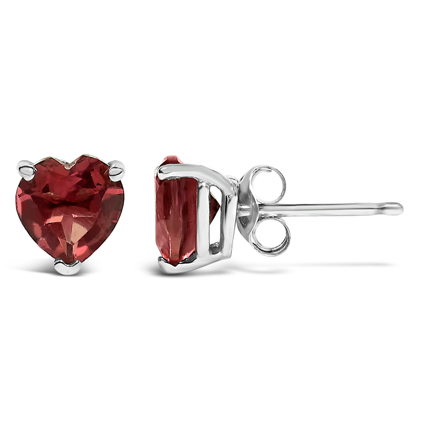 Pair of white metal stud earrings with heart-shaped red gemstones in a three-prong setting, shown from front and side angles on a white background.