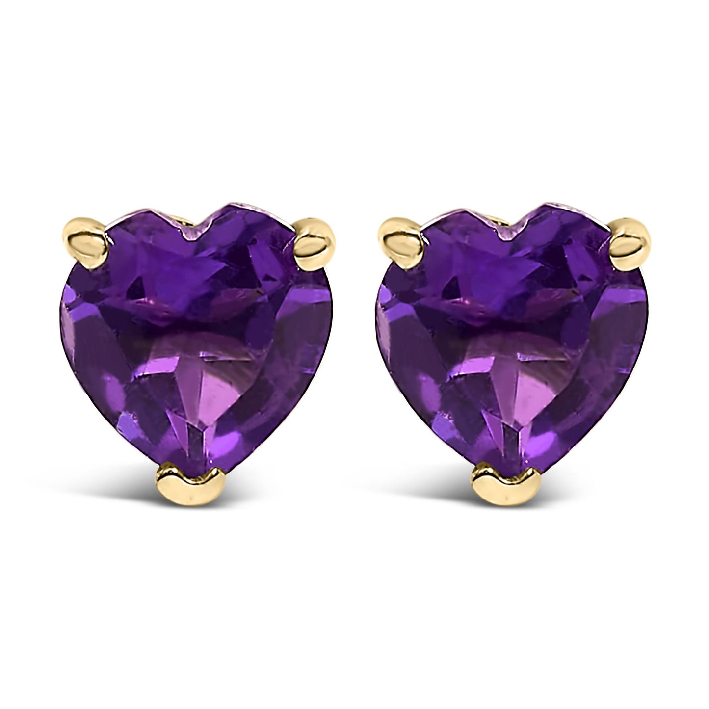 Pair of yellow metal stud earrings with heart-shaped purple gemstones, shown from the front angle.