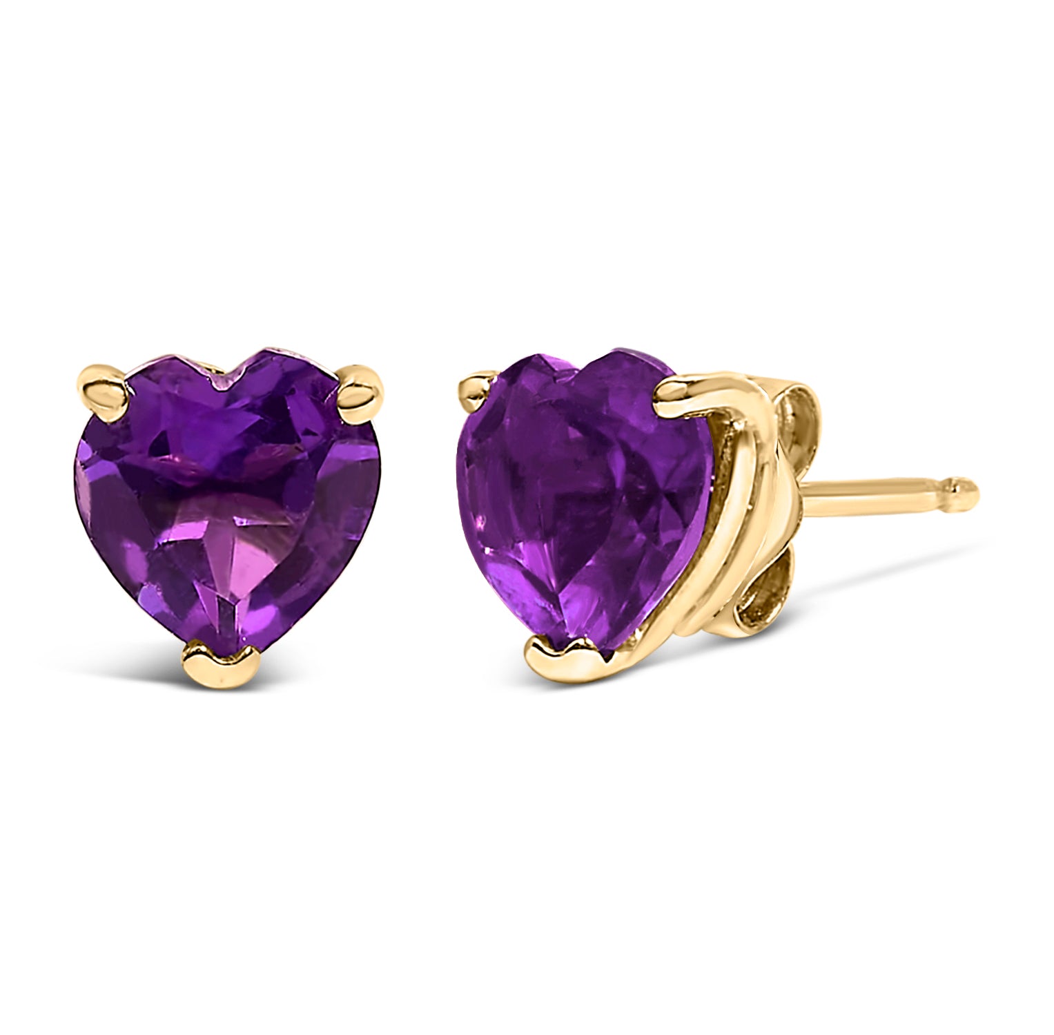Close-up front and side view of yellow metal earrings featuring heart-shaped purple gemstones in a three-prong setting.