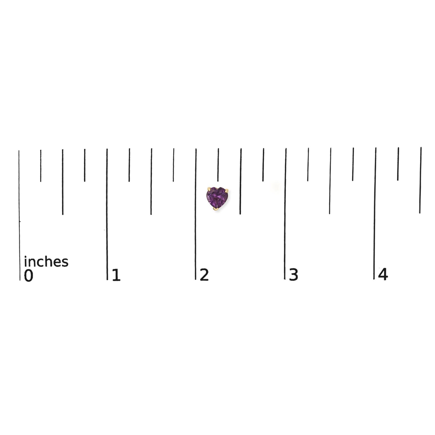 Close-up top view of a yellow metal heart-shaped purple gemstone earring set in a three-prong setting shown on a ruler scale.