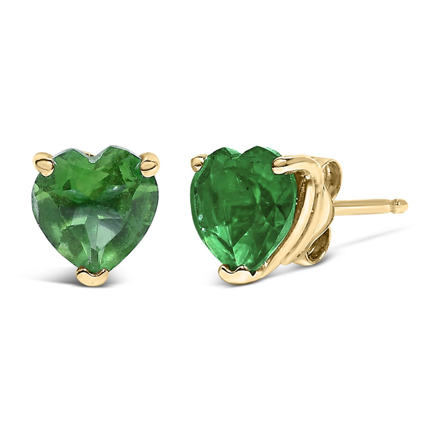 Pair of yellow metal stud earrings with heart-shaped green gemstones in a three-prong setting, shown at a slight angle.
