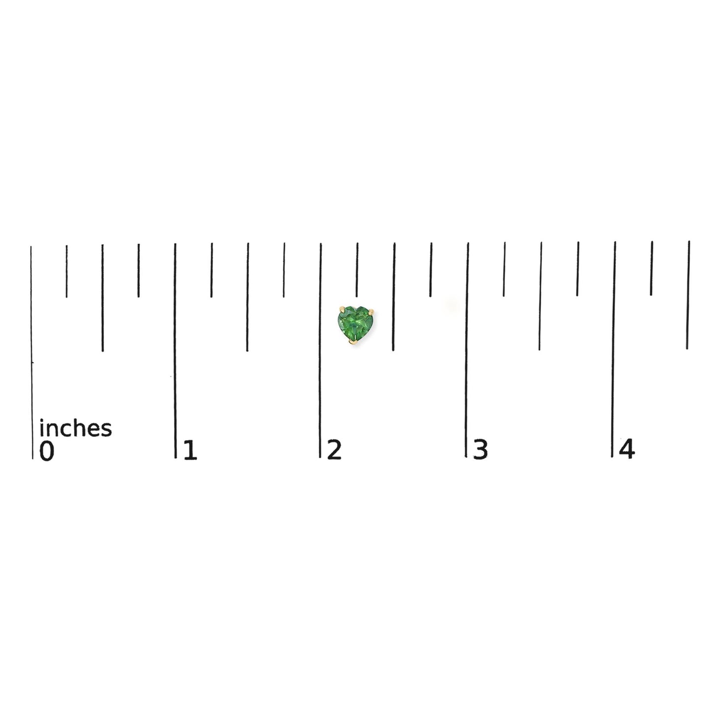 Single yellow metal earring with heart-shaped green gemstone in 3-prong setting shown on a ruler scale from front angle.