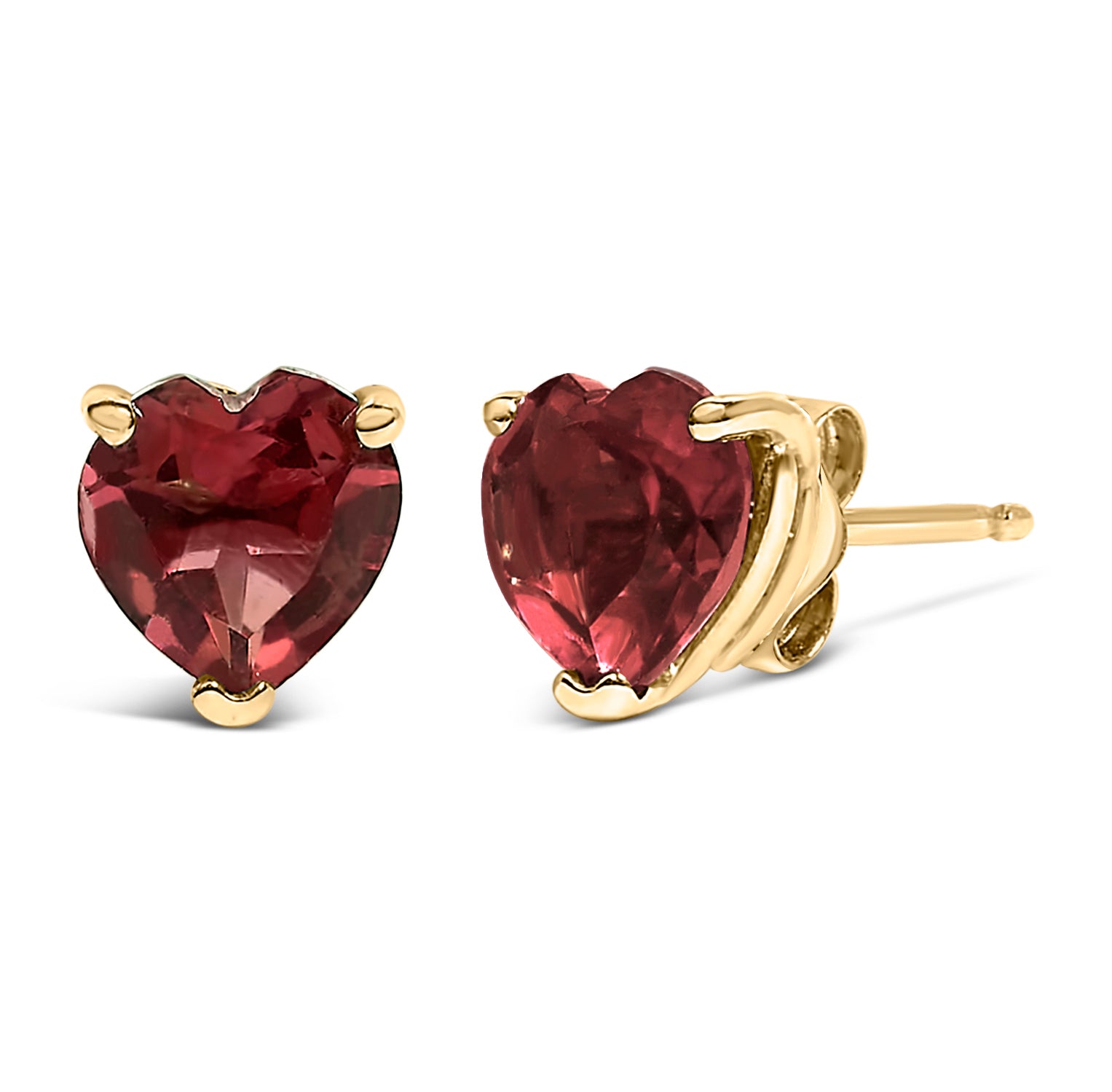Close-up front and side angle of yellow metal stud earrings with heart-shaped red gemstones in three-prong settings.