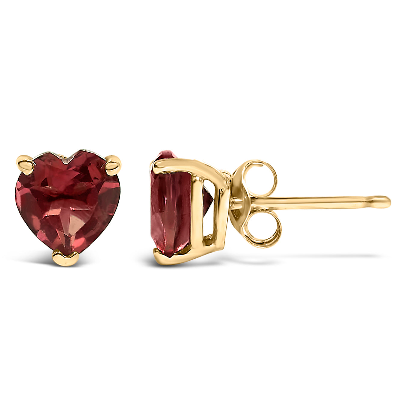 Pair of yellow metal stud earrings featuring heart-shaped red gemstones in a three-prong setting, shown from front and side angles on a white background.