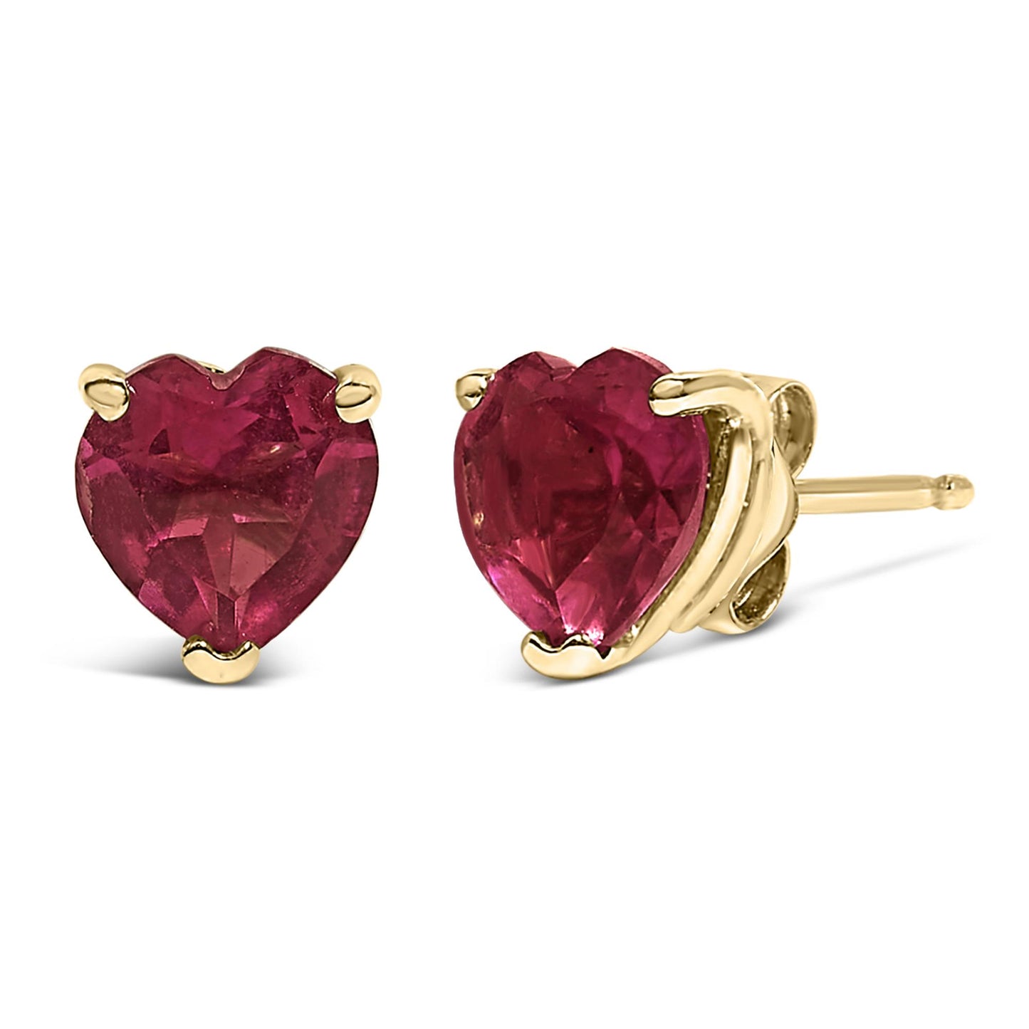 Pair of yellow metal stud earrings with heart-shaped red gemstones in three-prong settings, shown from a front and side angle.