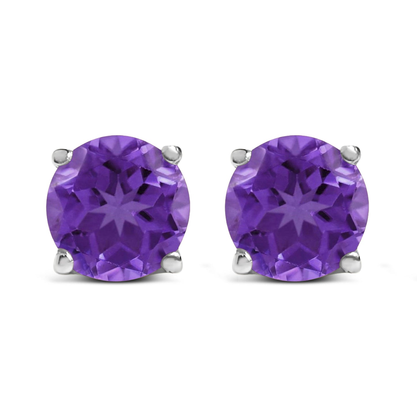 Front view of round purple gemstone stud earrings set in white metal with four-prong settings.