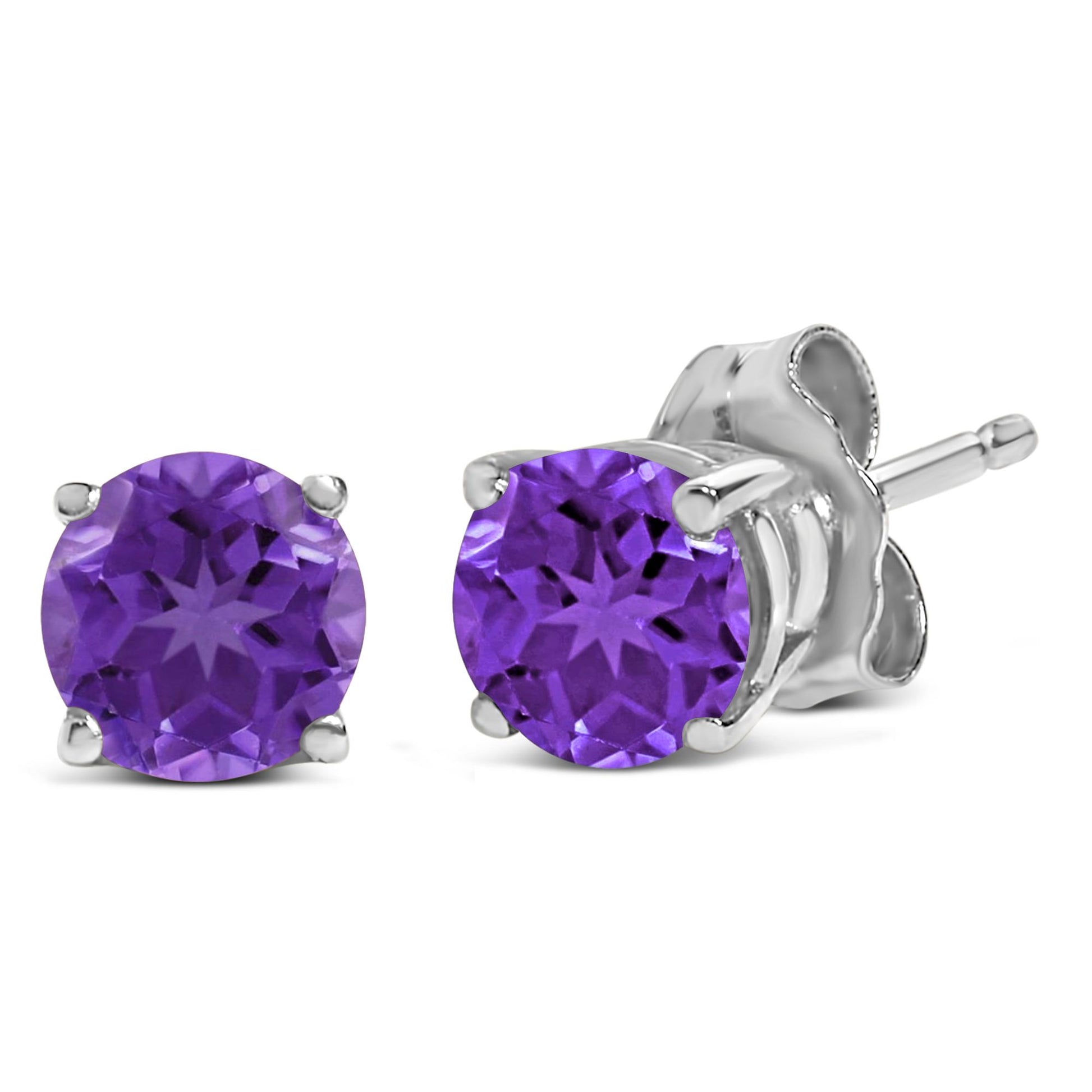 Close-up front and side angle view of a pair of white stud earrings set with round purple gemstones in four-prong settings on a white background.