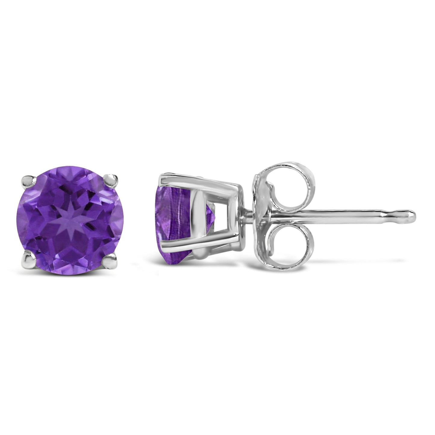 Close-up shot of a pair of white metal stud earrings, each featuring a round purple gemstone held by four prongs, shown from front and side angles.