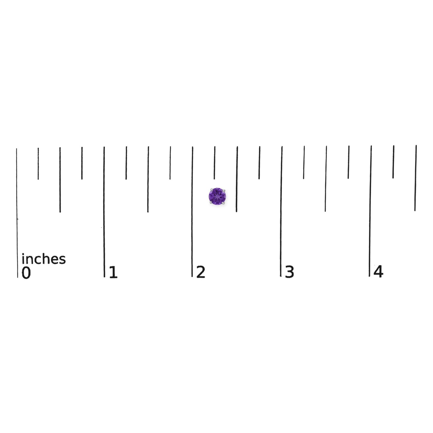 White metal stud earrings with round purple gemstones in four-prong settings shown on a ruler scale from a top view.