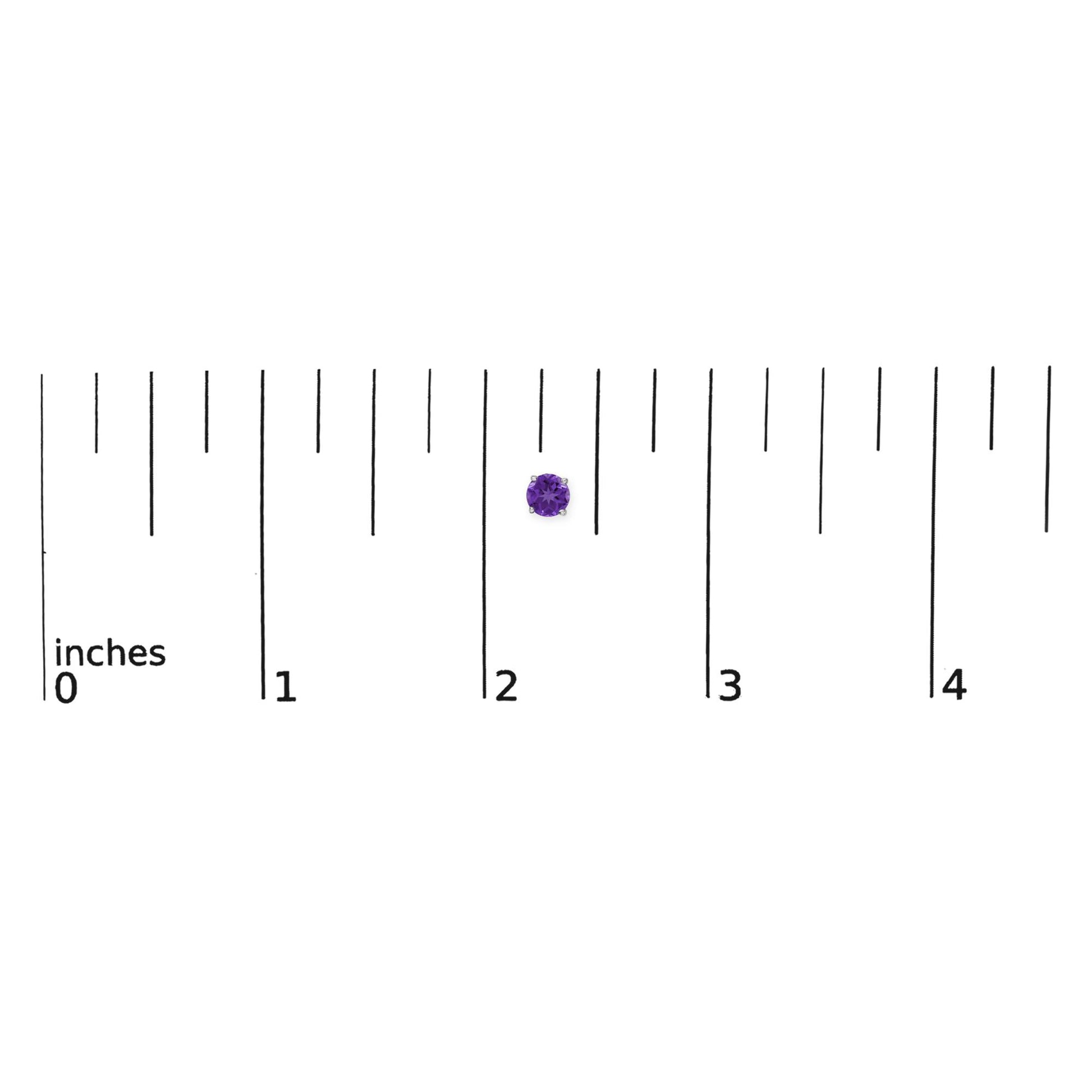 White metal stud earrings with round purple gemstones in four-prong settings shown on a ruler scale from a top view.