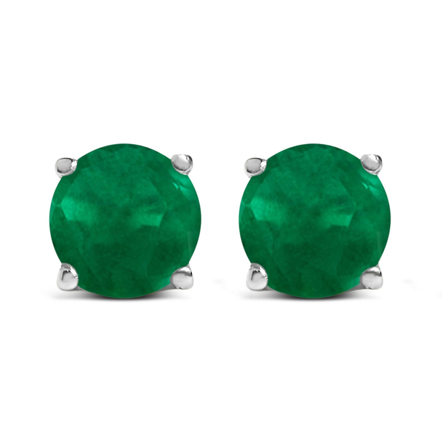 Front view of white metal stud earrings with round green gemstone in four-prong settings.