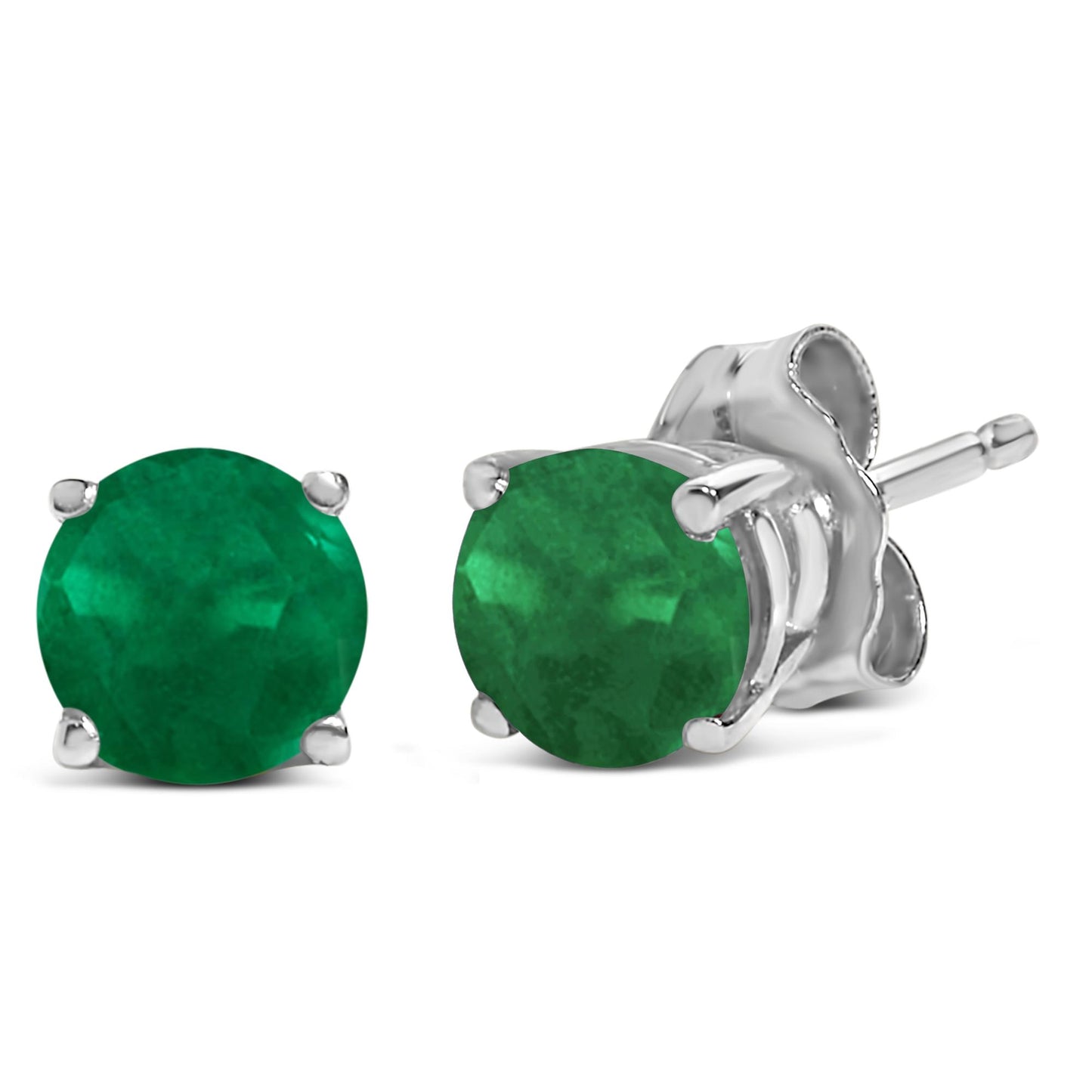 Pair of white metal stud earrings with round green gemstones in four-prong settings, shown from a front and side angle on a white background.