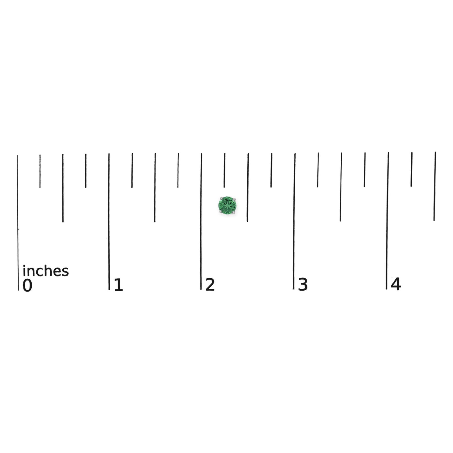 White metal stud earring with a round green gemstone in a 4-prong setting, shown on a scale from a top-down angle.