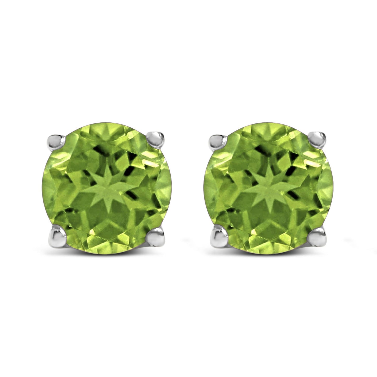 Front view of white stud earrings each featuring a round green gemstone in a four-prong setting.