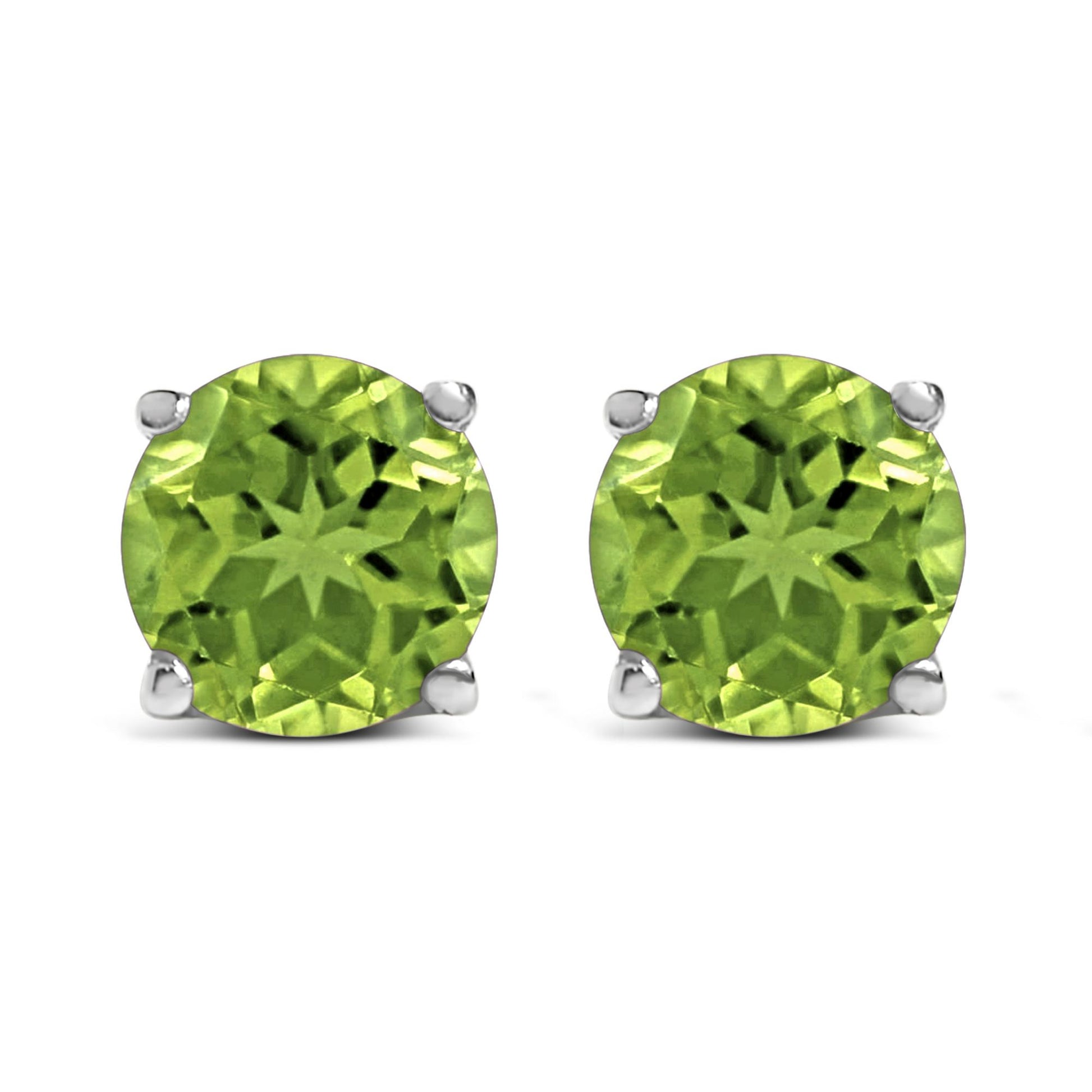 Front view of white stud earrings each featuring a round green gemstone in a four-prong setting.