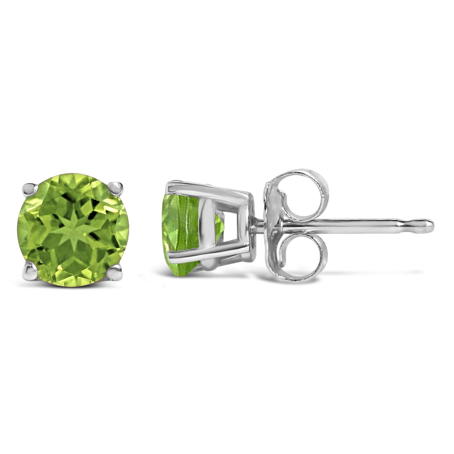 Close-up front and side view of a pair of white stud earrings with round green gemstones in four-prong settings shown on a white background.
