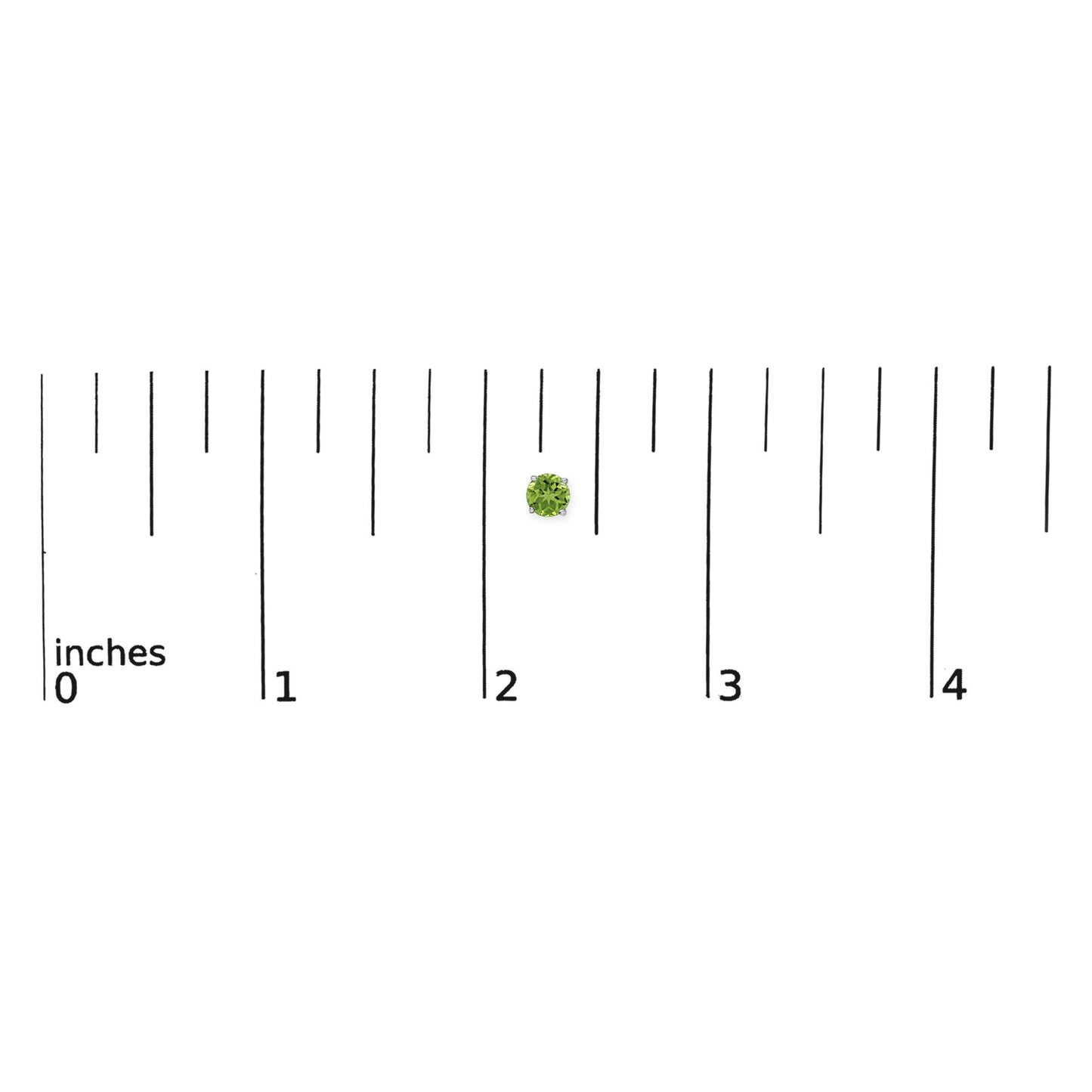 Close-up image of a single round green gemstone earring set with four prongs in white metal, shown on a scale with inch markings.