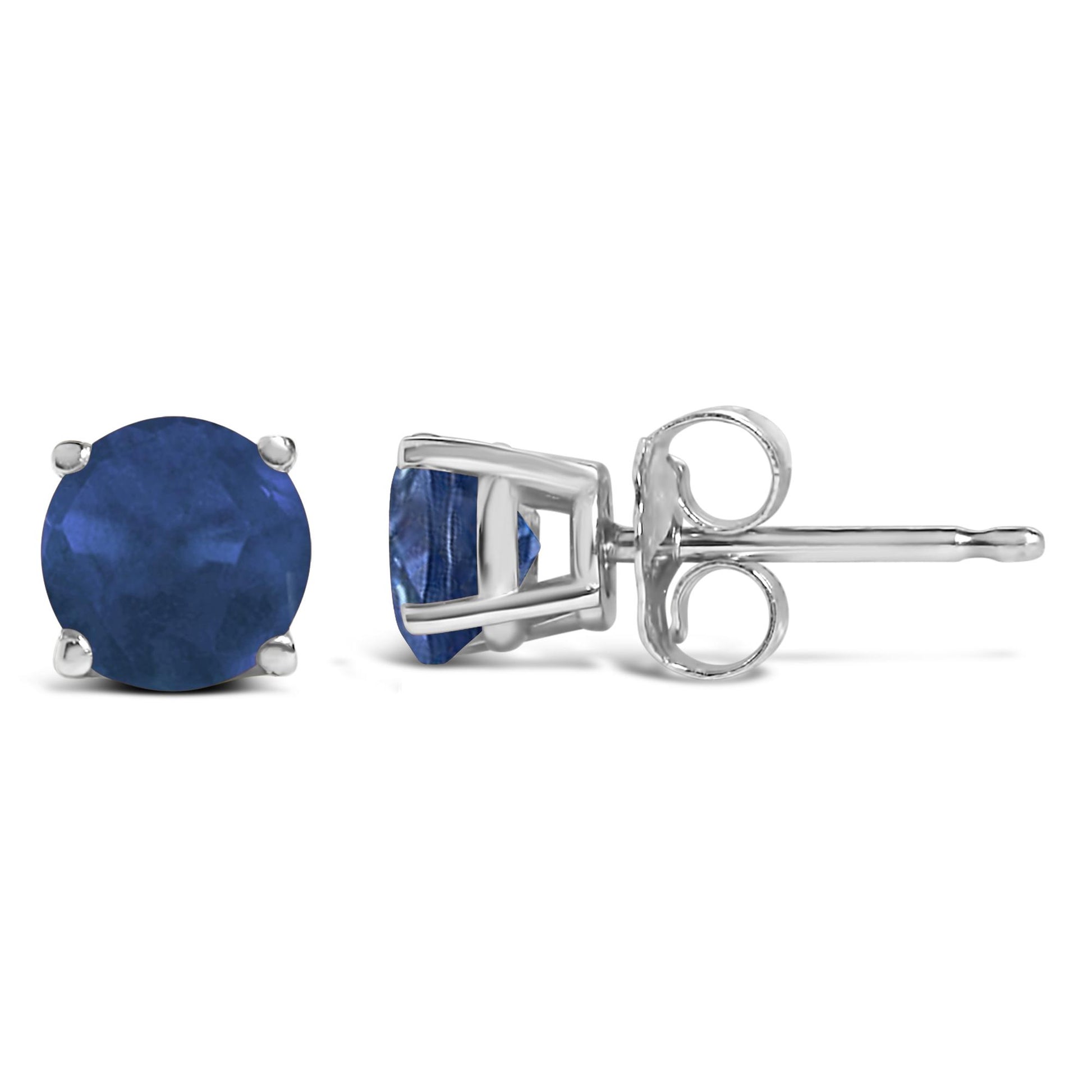 Close-up front and side view of a white metal stud earring featuring a round blue gemstone in a four-prong setting.