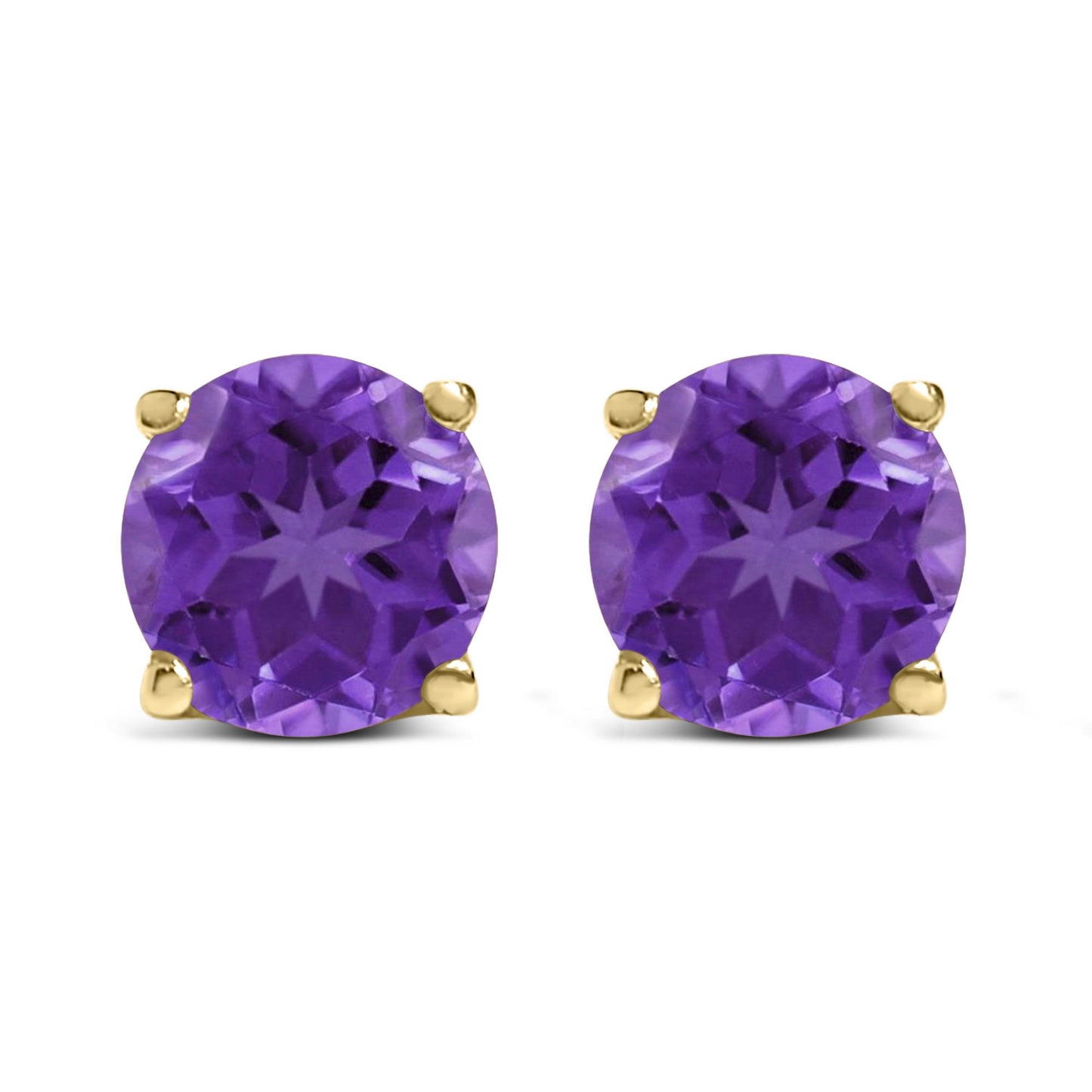 Close-up front view of yellow metal stud earrings each featuring a round purple gemstone in a four-prong setting.