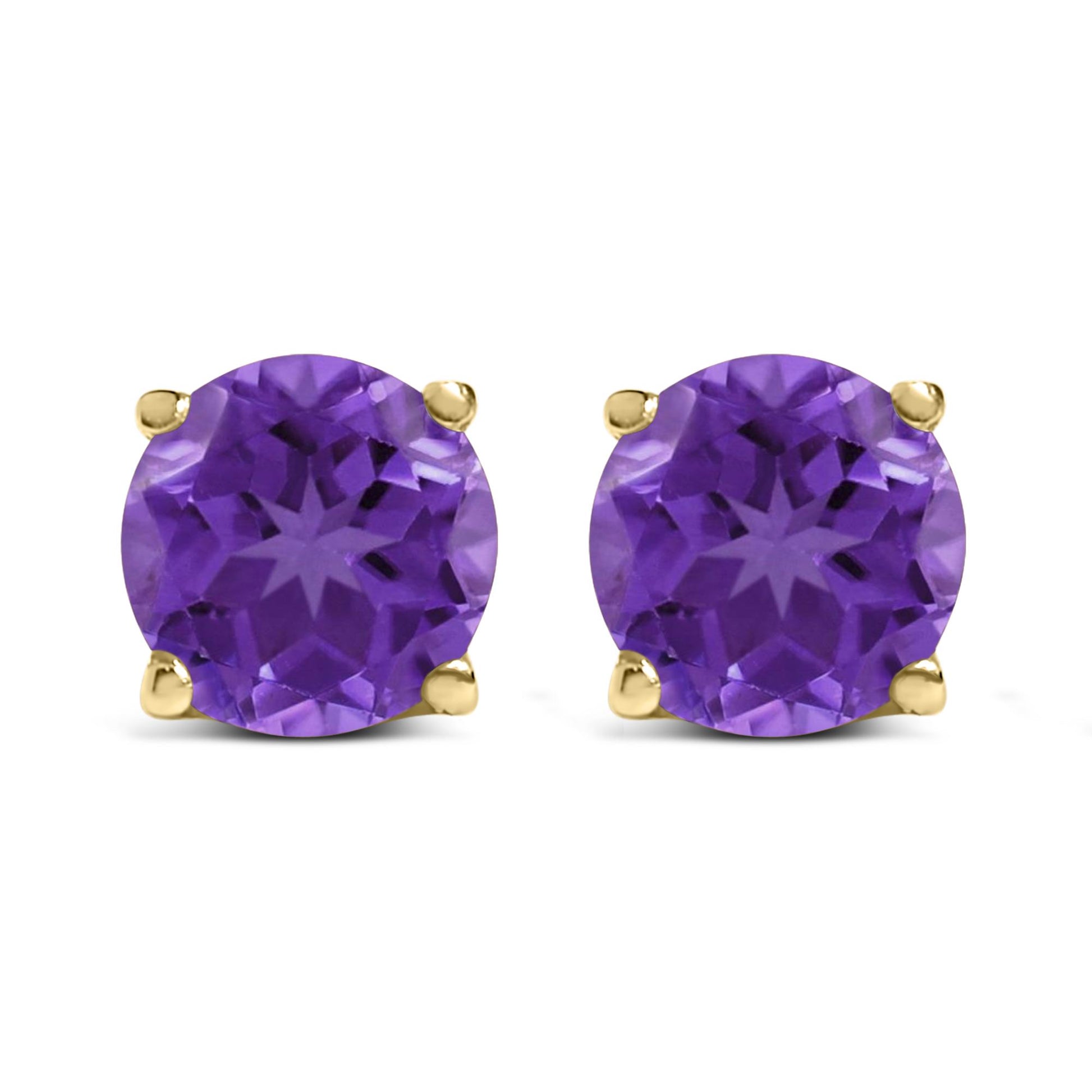 Close-up front view of yellow metal stud earrings each featuring a round purple gemstone in a four-prong setting.