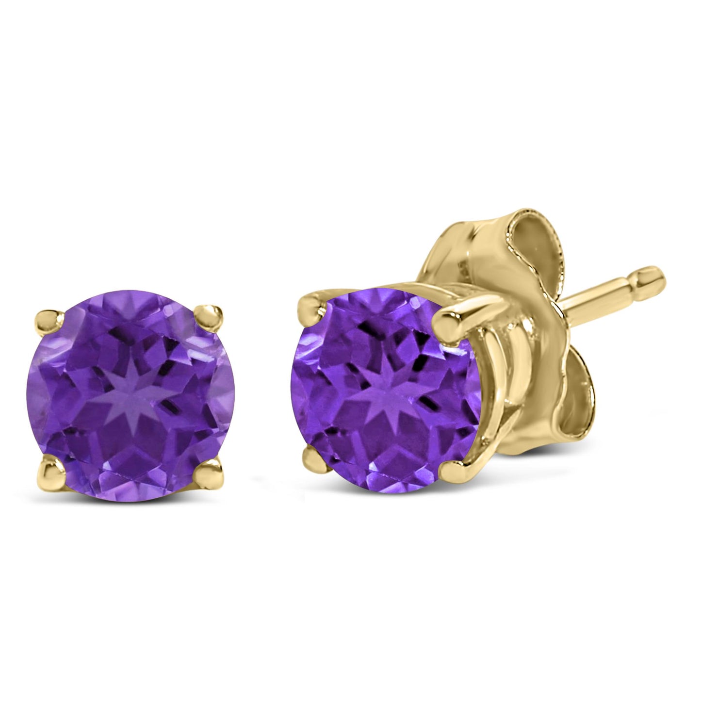 Close-up front and side view of yellow metal stud earrings featuring round purple gemstones in four-prong settings.