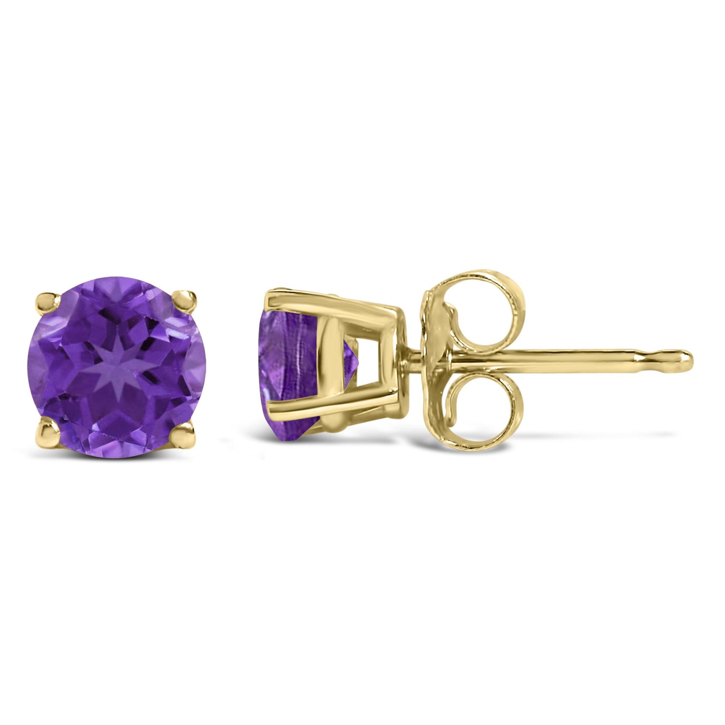 Close-up front and side views of yellow metal stud earrings with round purple gemstones in four-prong settings.