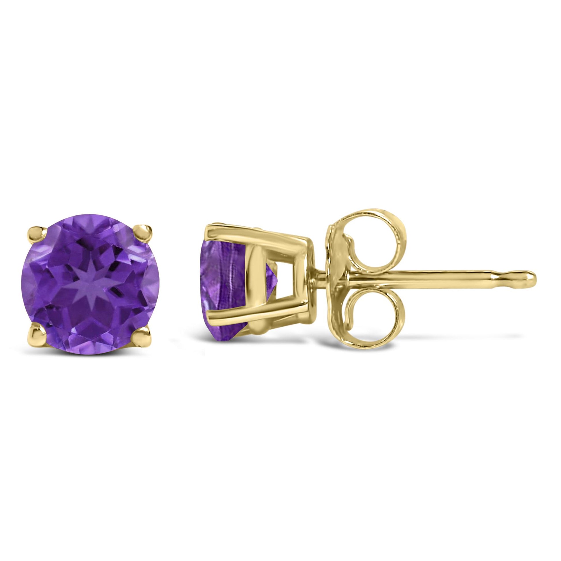 Close-up front and side views of yellow metal stud earrings with round purple gemstones in four-prong settings.
