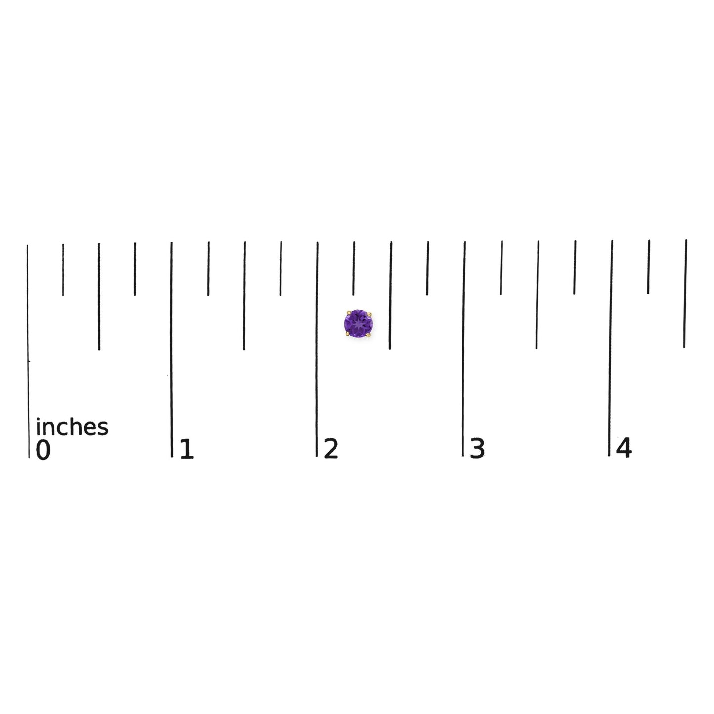Close-up top view of a single round purple gemstone stud earring set in yellow metal 4-prong setting, shown on a measurement scale.