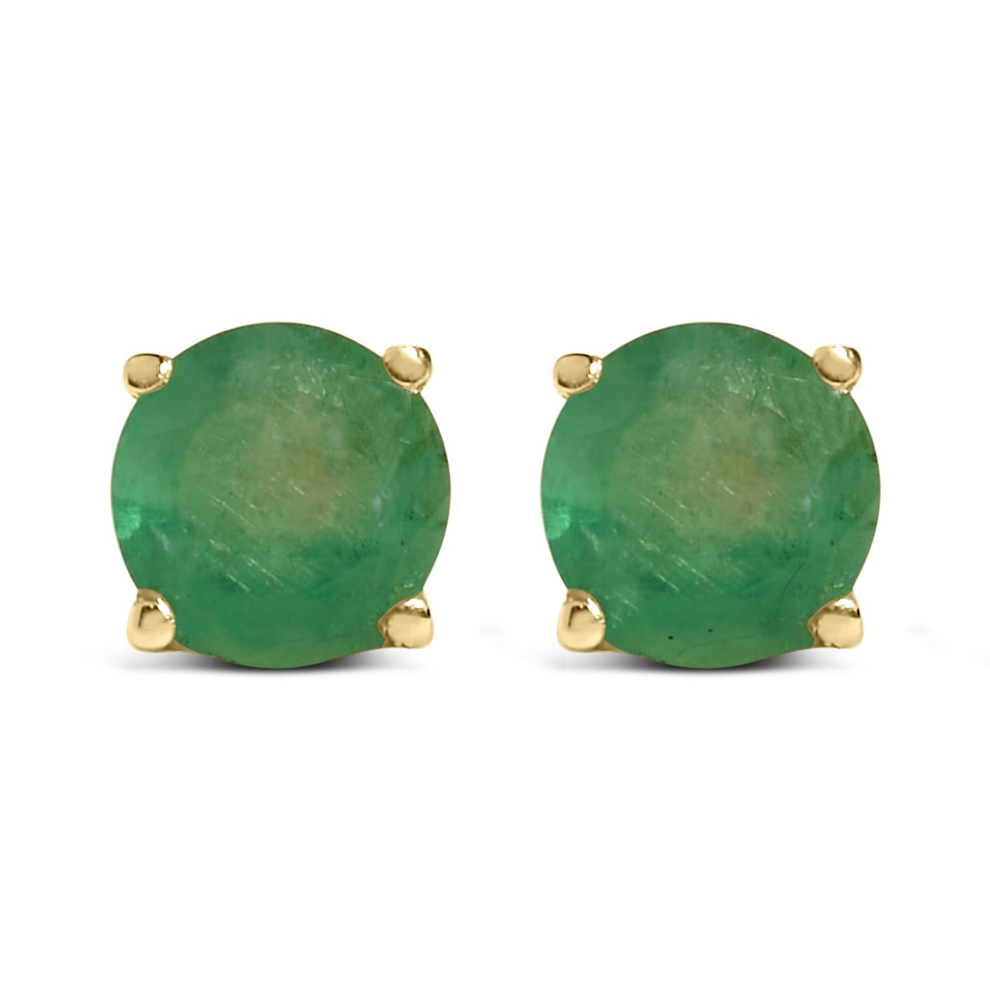 Front view of a pair of yellow metal stud earrings, each set with a round green gemstone in a four-prong setting.
