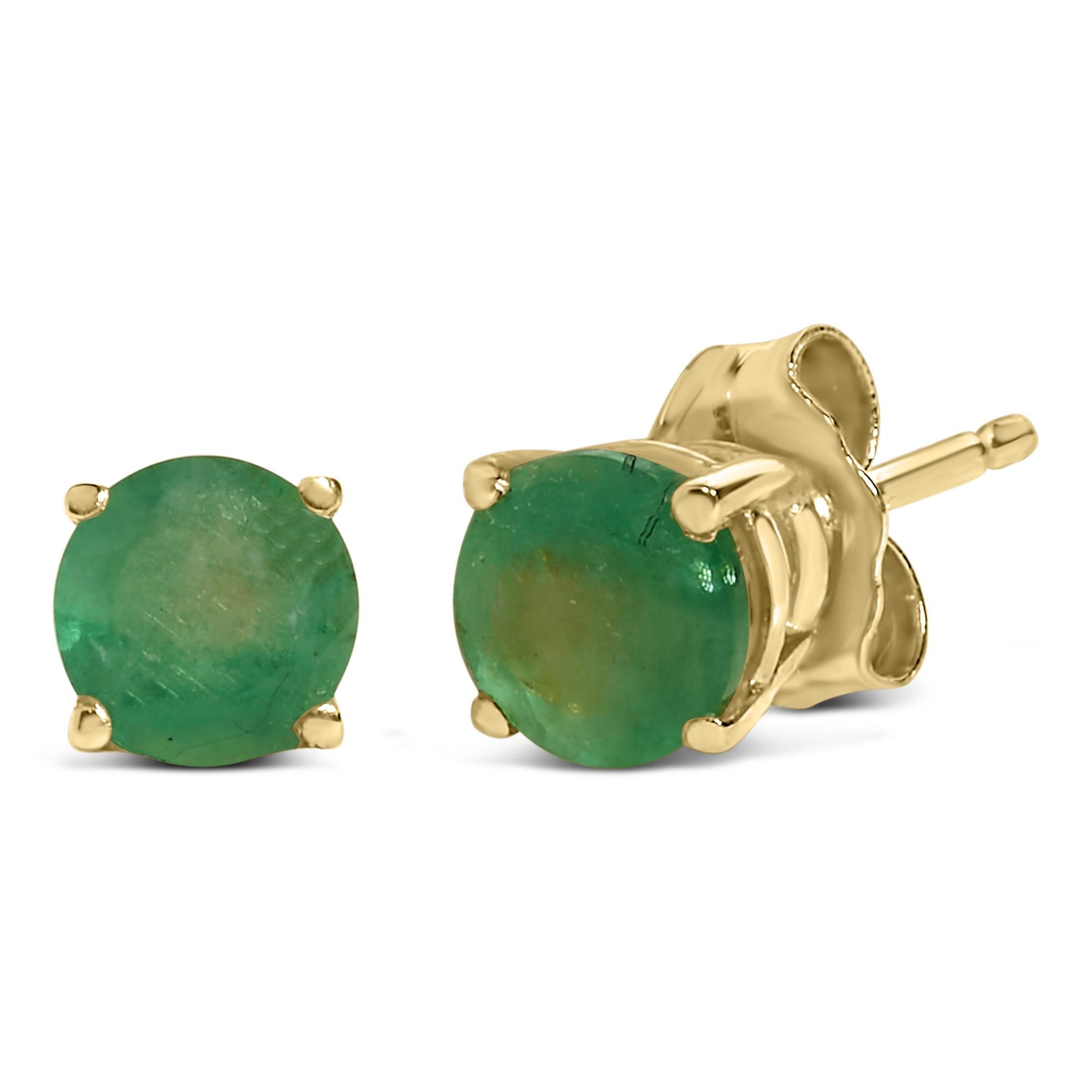 Close-up front and side angle of yellow metal stud earrings featuring round green gemstones in 4-prong settings.
