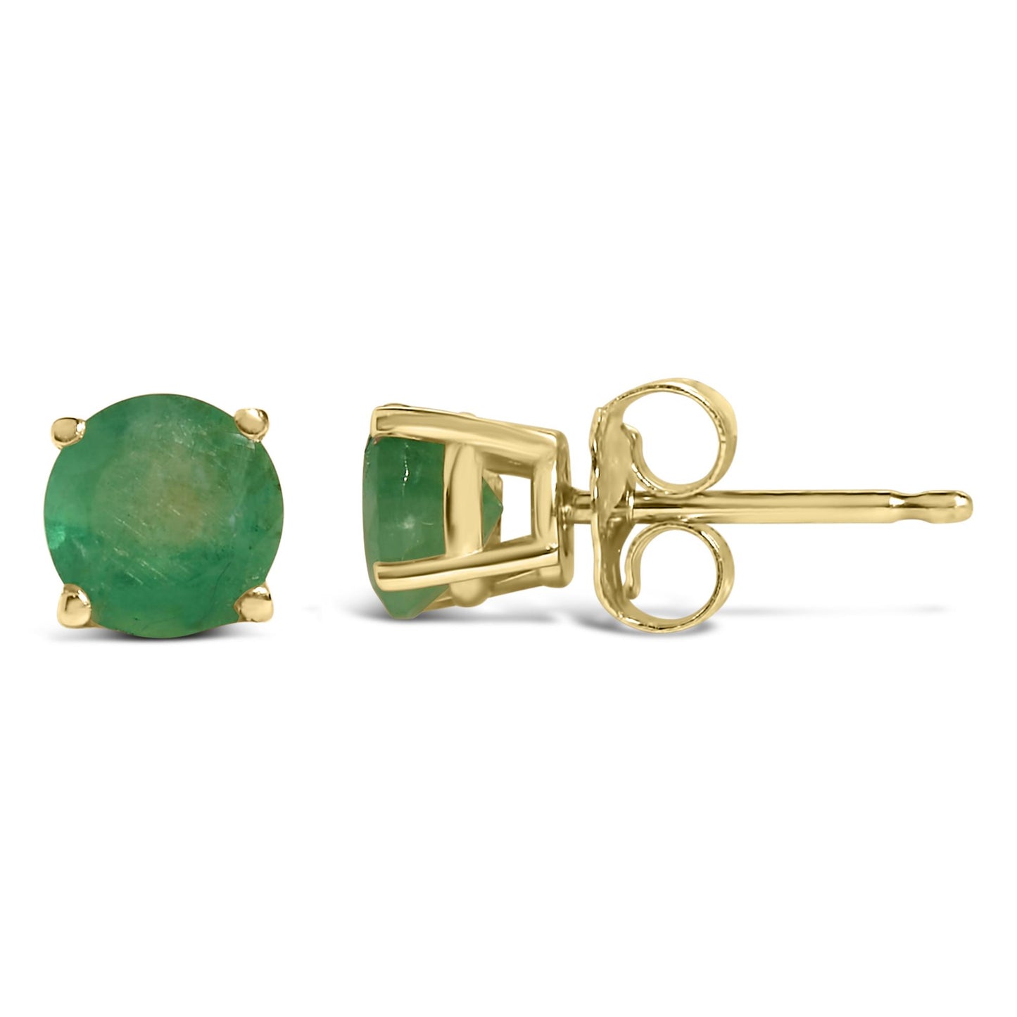 Pair of yellow metal stud earrings with round green gemstones in 4-prong settings, shown in front and side views on a white background.