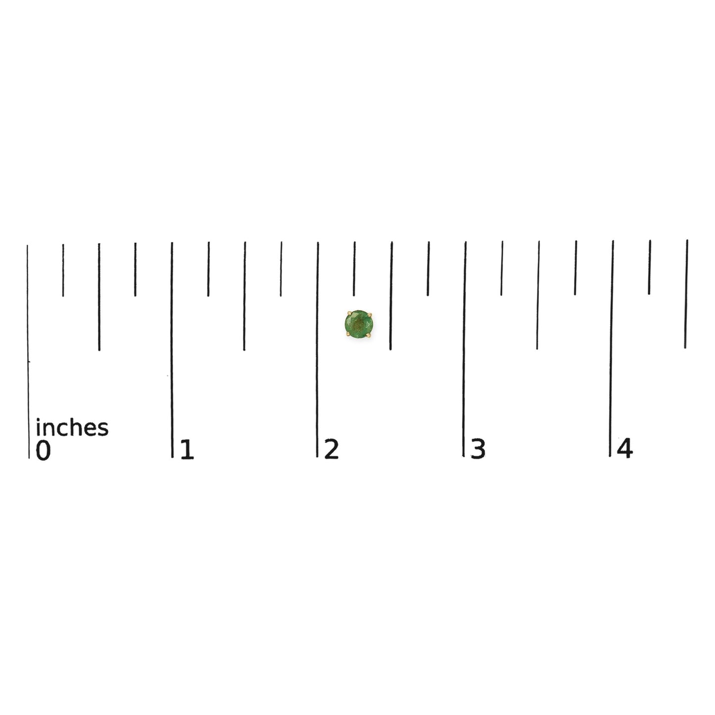 Close-up on a single yellow metal stud earring with a round green gemstone in a four-prong setting, shown on a scale with inches markings.