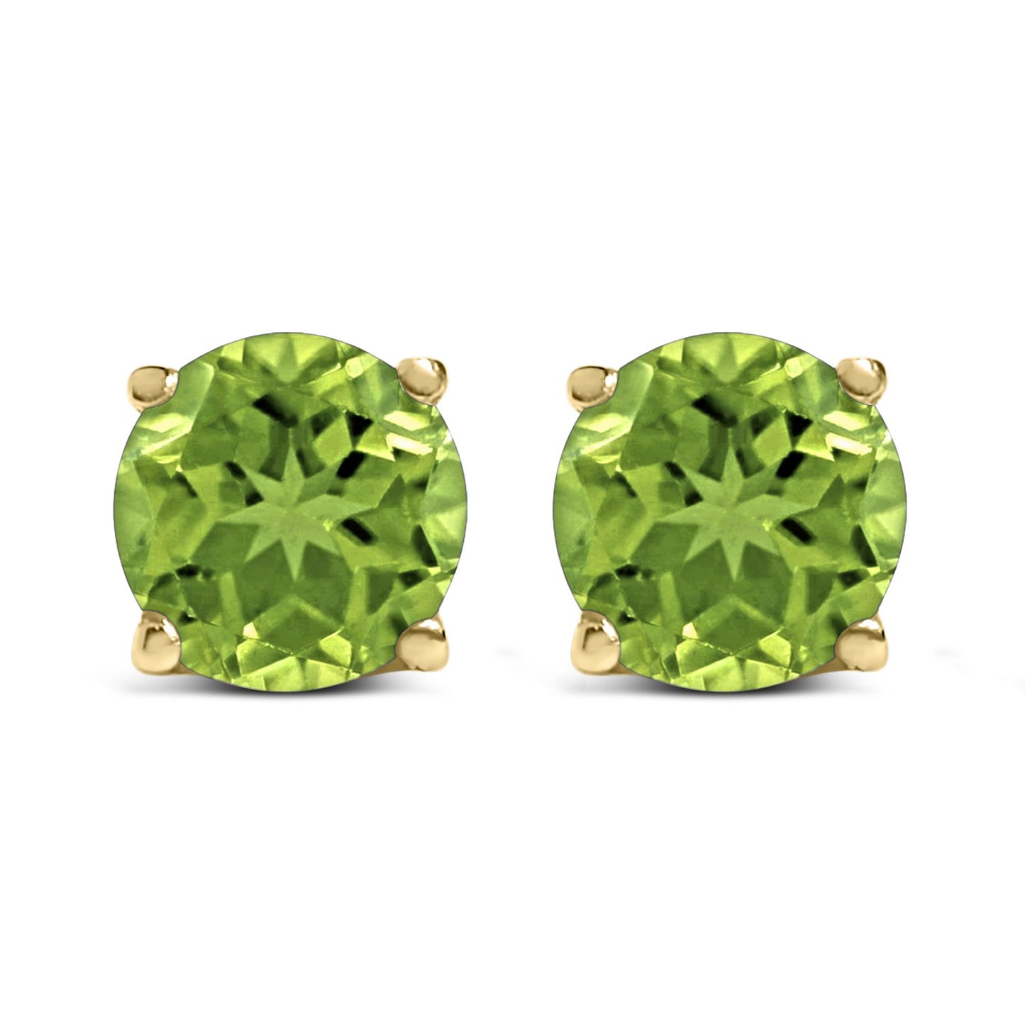 Front view of round green gemstone stud earrings set in yellow metal with four-prong settings, shown on a white background.