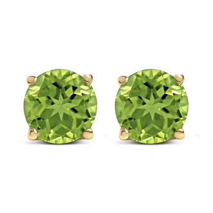 Front view of round green gemstone stud earrings set in yellow metal with four-prong settings, shown on a white background.