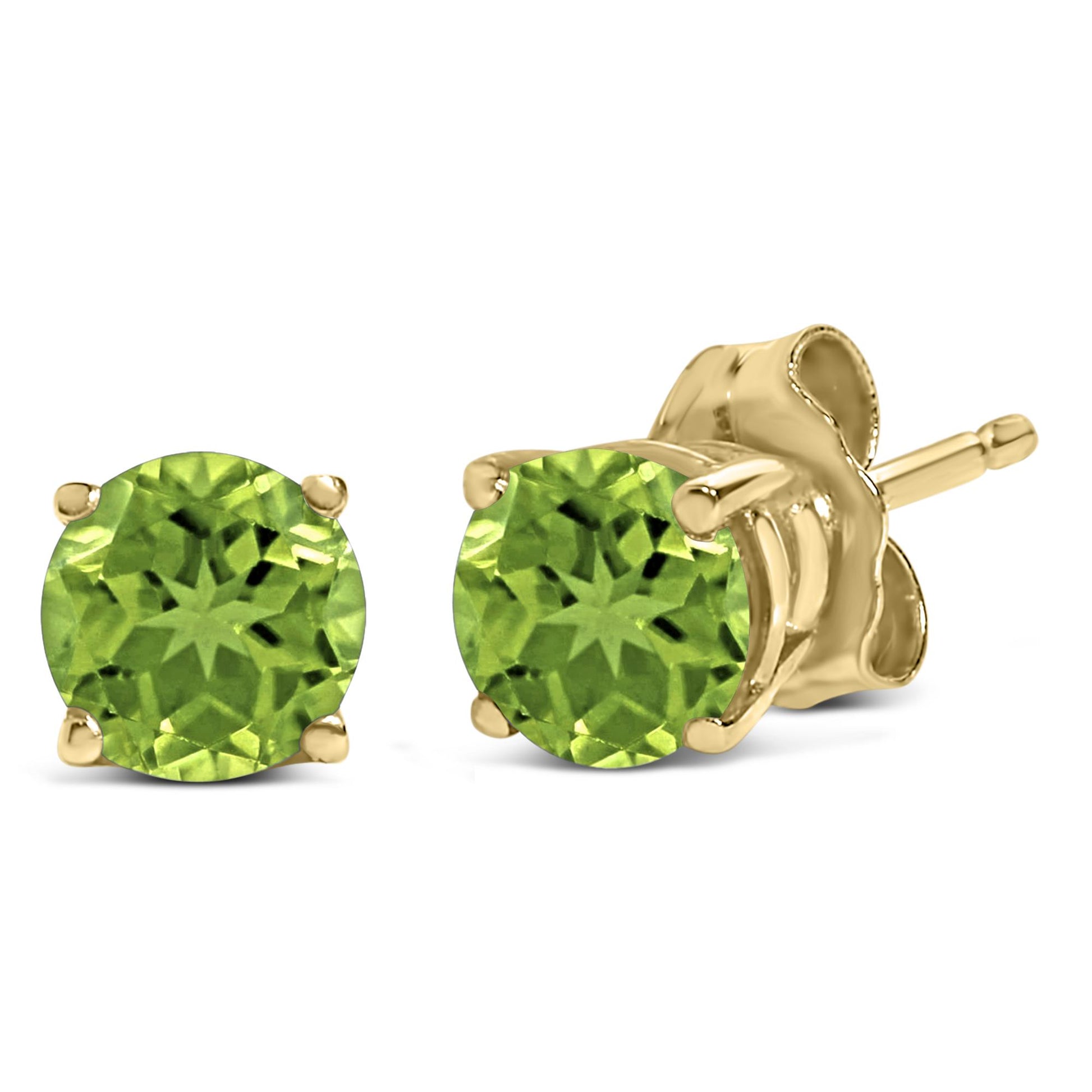 Close-up front and side view of yellow metal stud earrings with round green gemstones in four-prong settings.