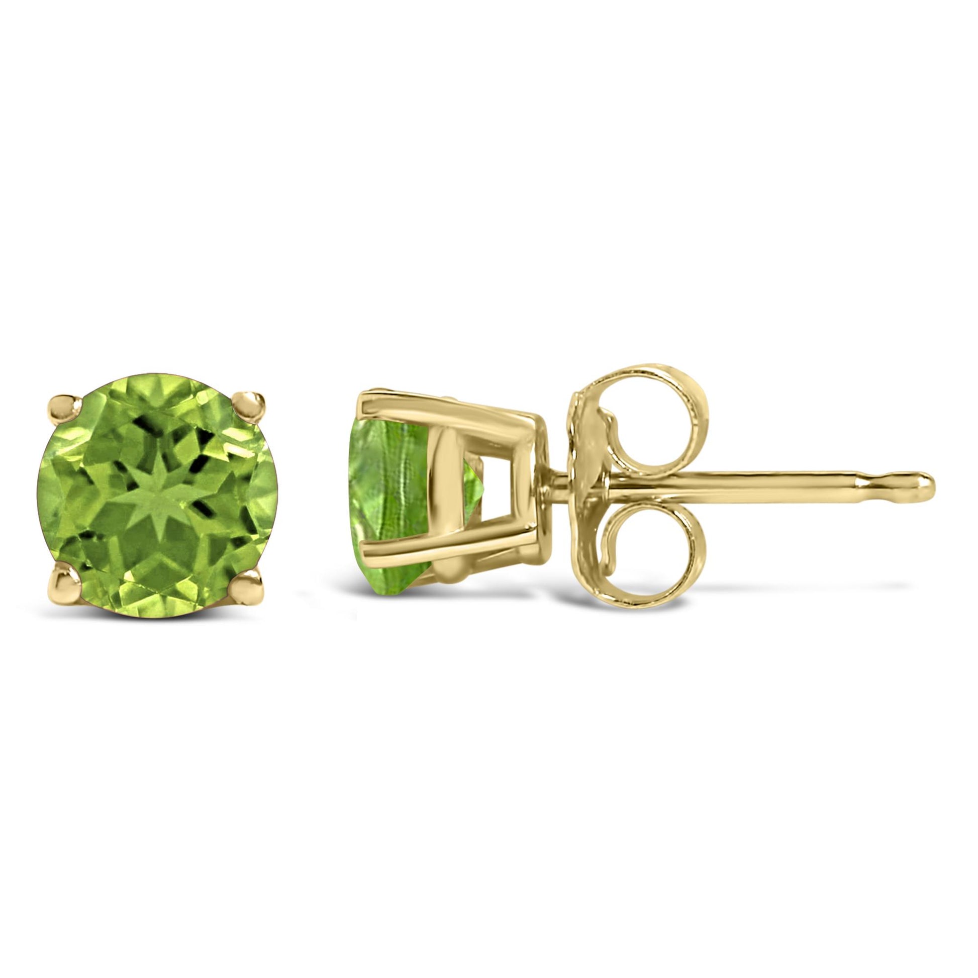 Pair of yellow metal stud earrings with round green gemstones in four-prong settings, shown from front and side angles on a white background.