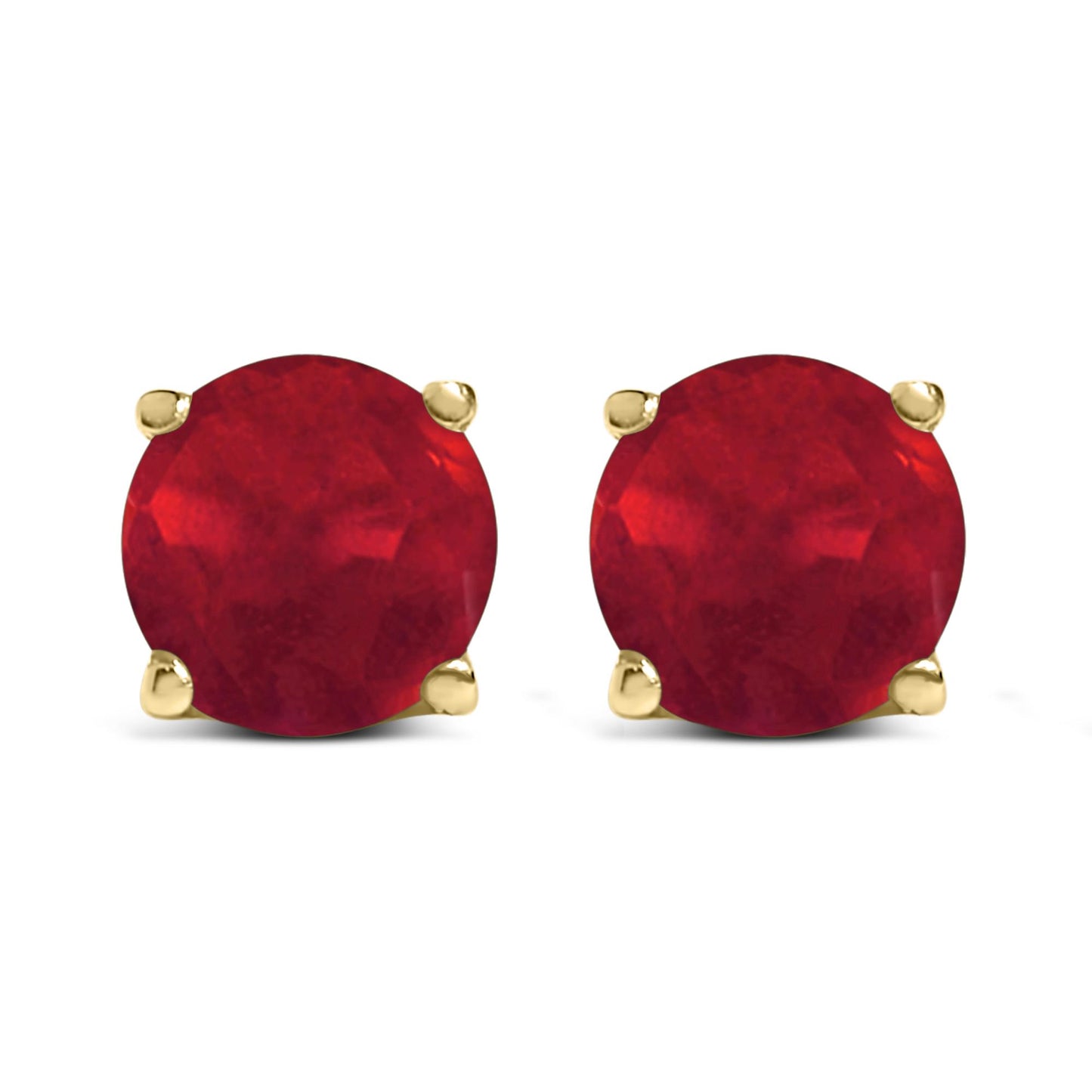 Front view of yellow metal stud earrings featuring round red gemstones in four-prong settings.
