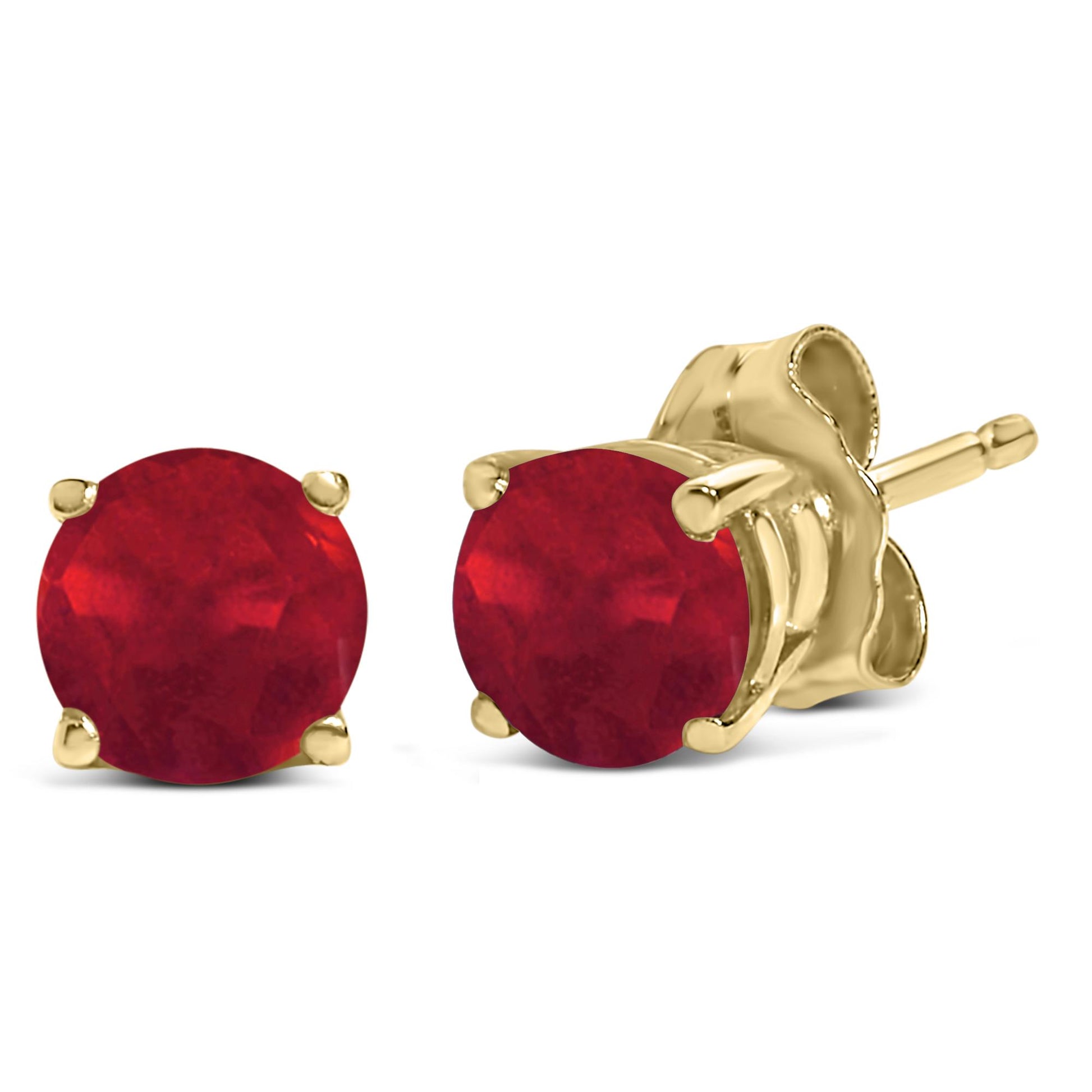 Close-up front and side view of yellow metal stud earrings with round red gemstones in four-prong settings.