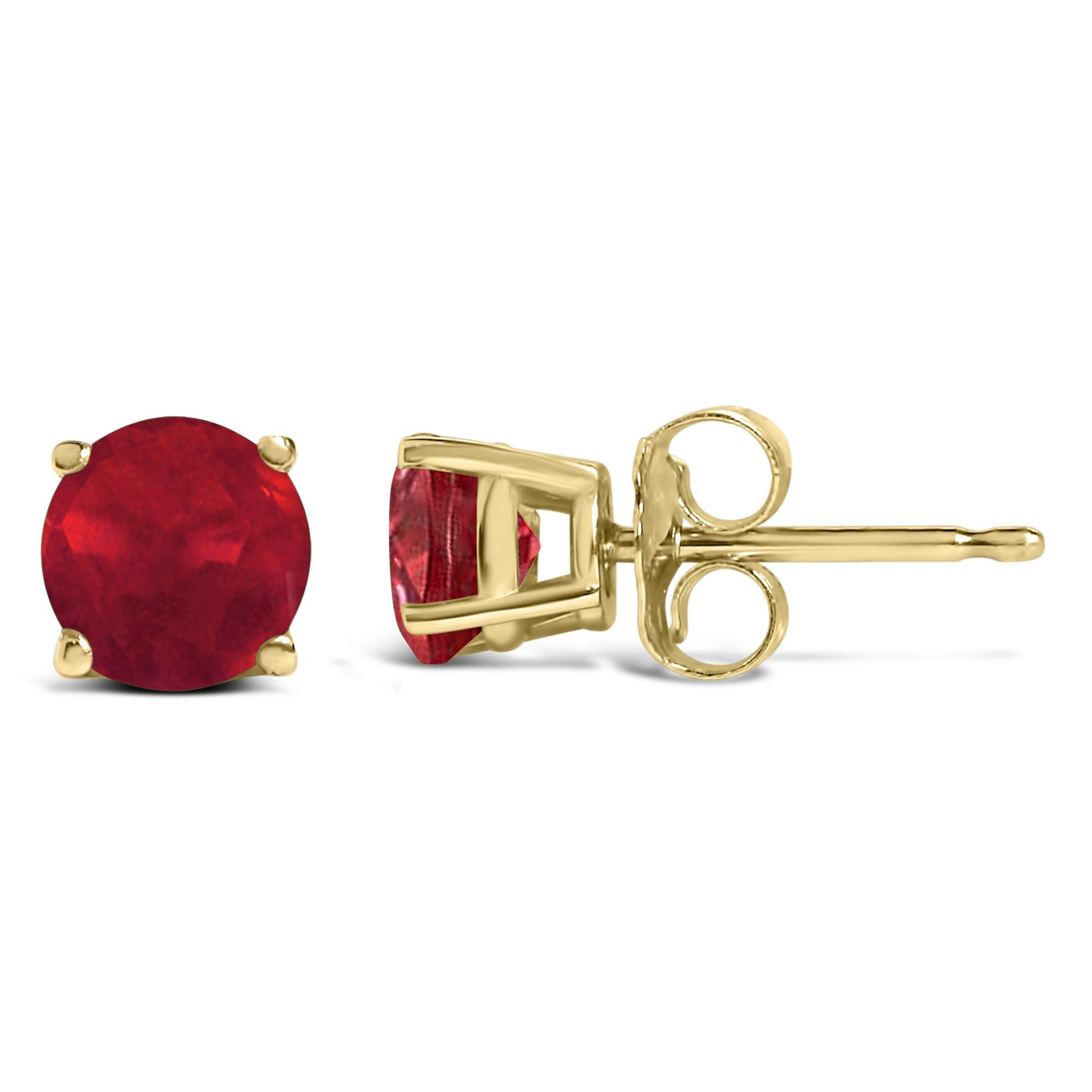 Pair of yellow metal stud earrings with round red gemstones in four-prong settings, shown from front and side angles on a white background.