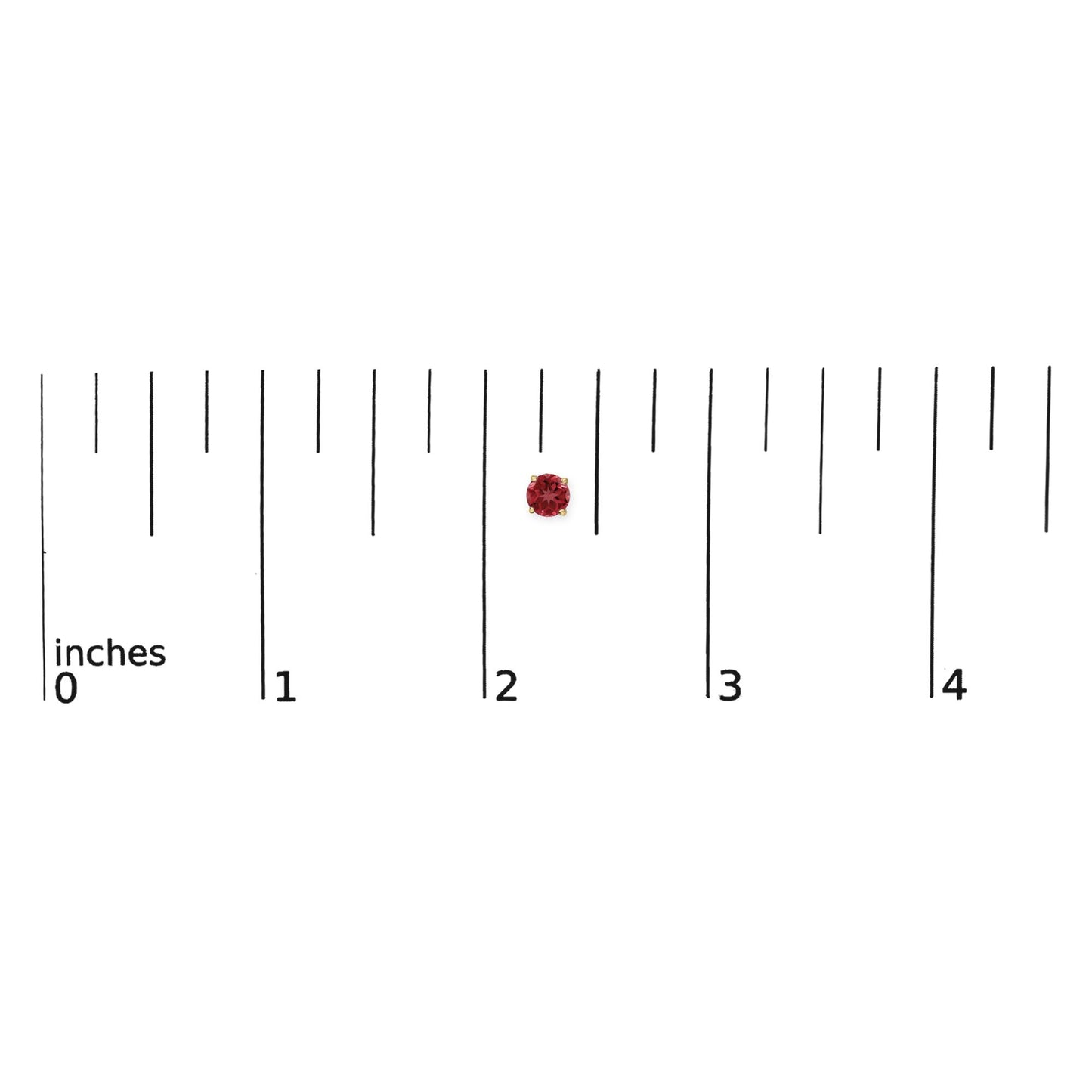 Close-up front view of a single round red gemstone earring set in yellow metal with a four-prong setting, shown on a ruler scale.