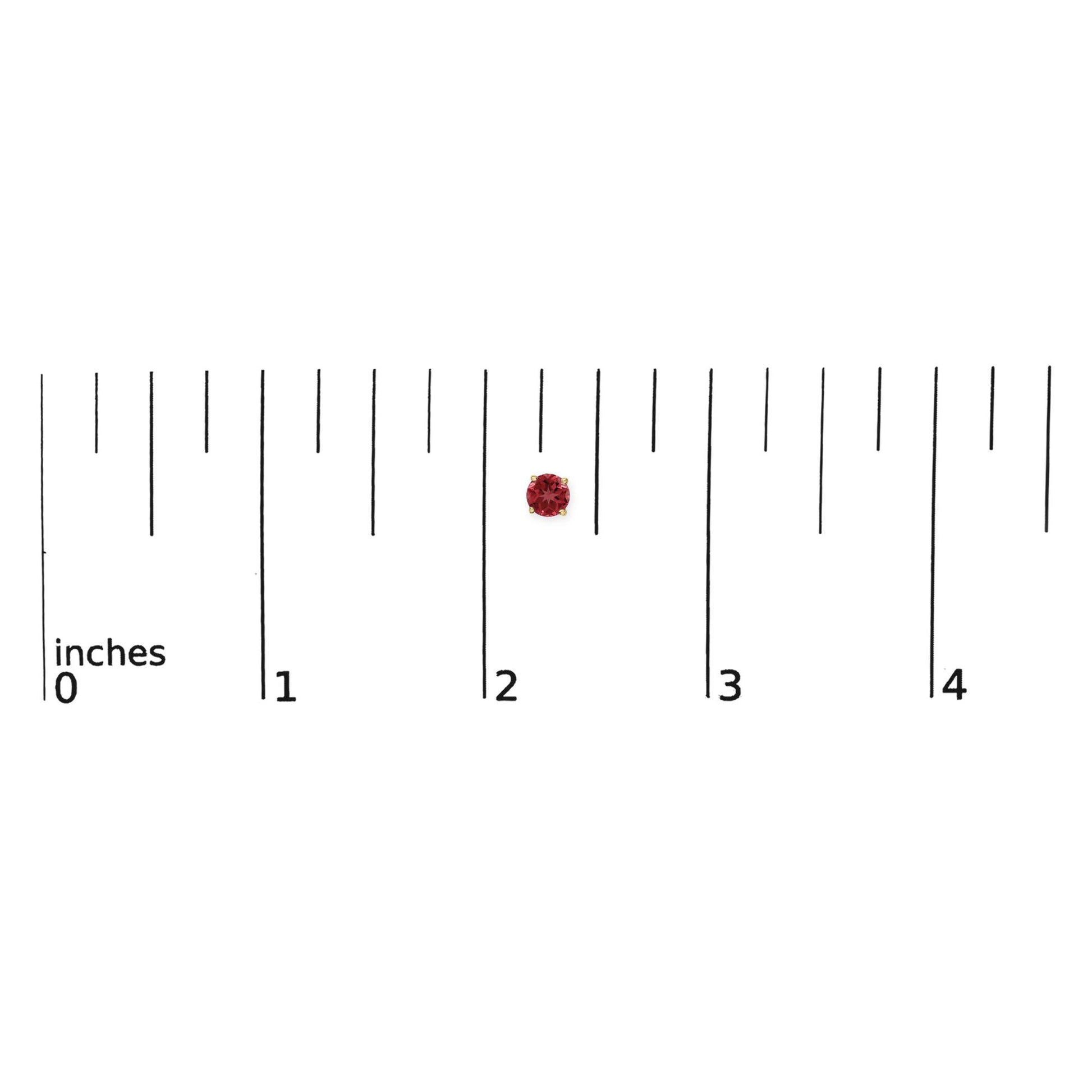 Close-up front view of a single round red gemstone earring set in yellow metal with a four-prong setting, shown on a ruler scale.