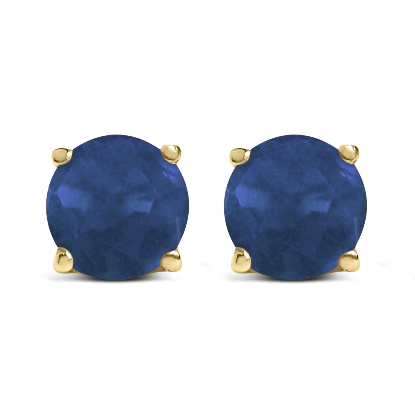 Front view of yellow metal stud earrings with round blue gemstones in four-prong settings.