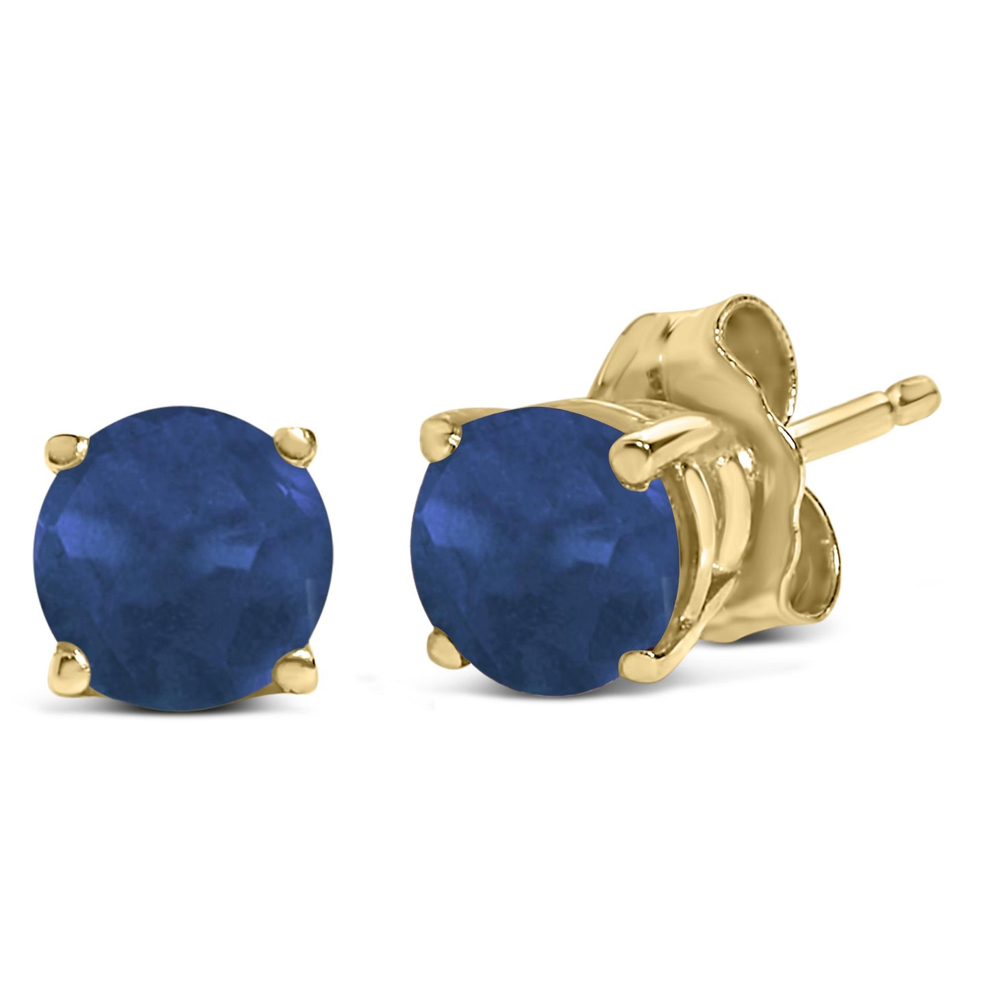 Pair of yellow metal stud earrings with round blue gemstones in four-prong settings, shown from front and side angles on a white background.