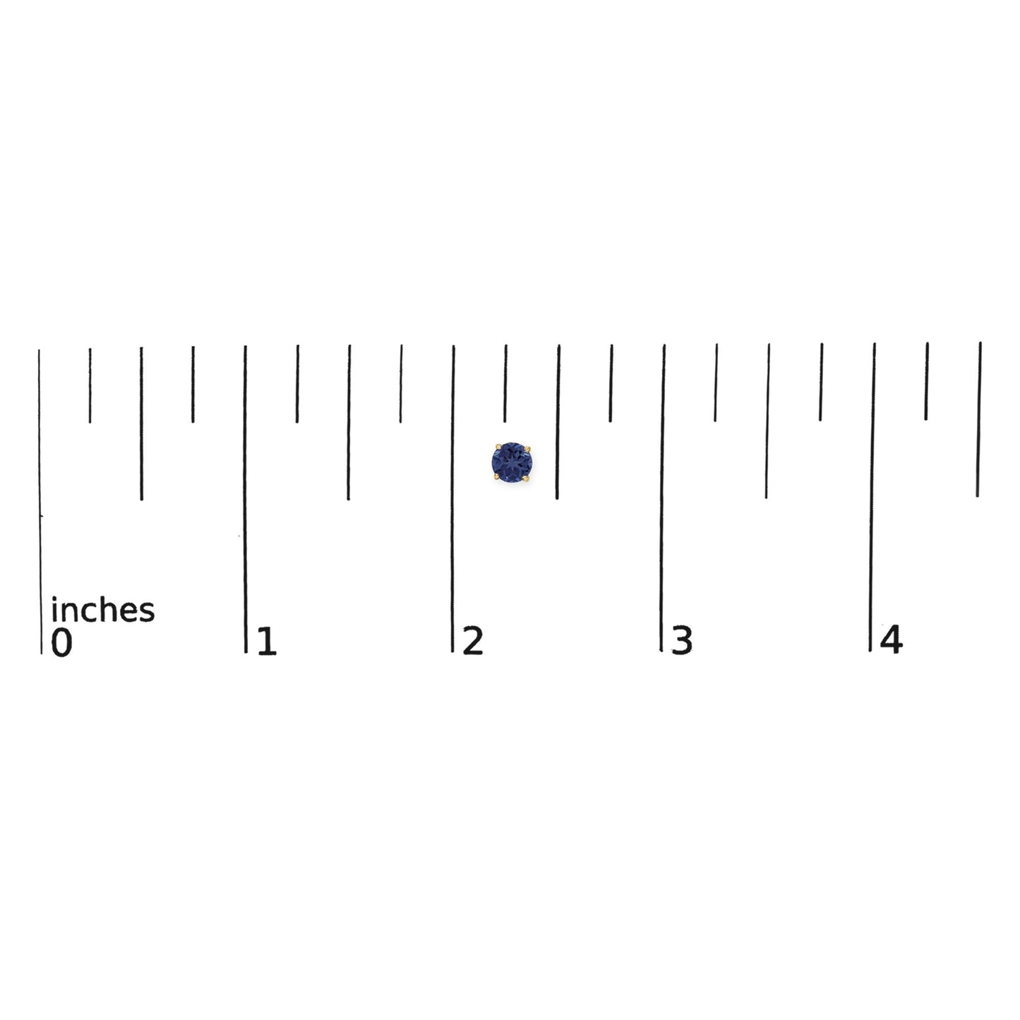 Close-up top view of round blue gemstone stud earring set in yellow metal prongs, shown on a ruler scale.