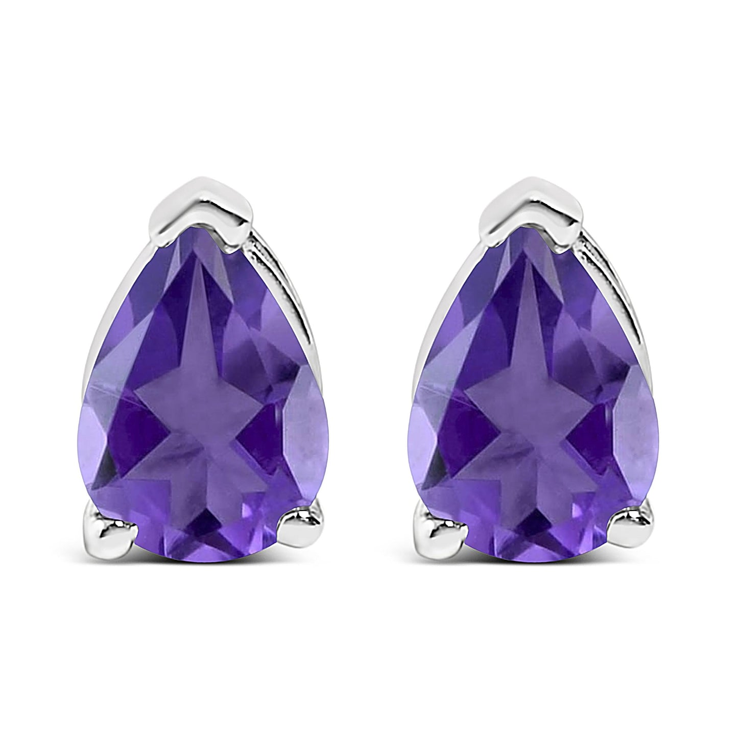 Pair of white metal earrings with pear-shaped purple gemstones set in three prongs, shown in a front-facing close-up shot.