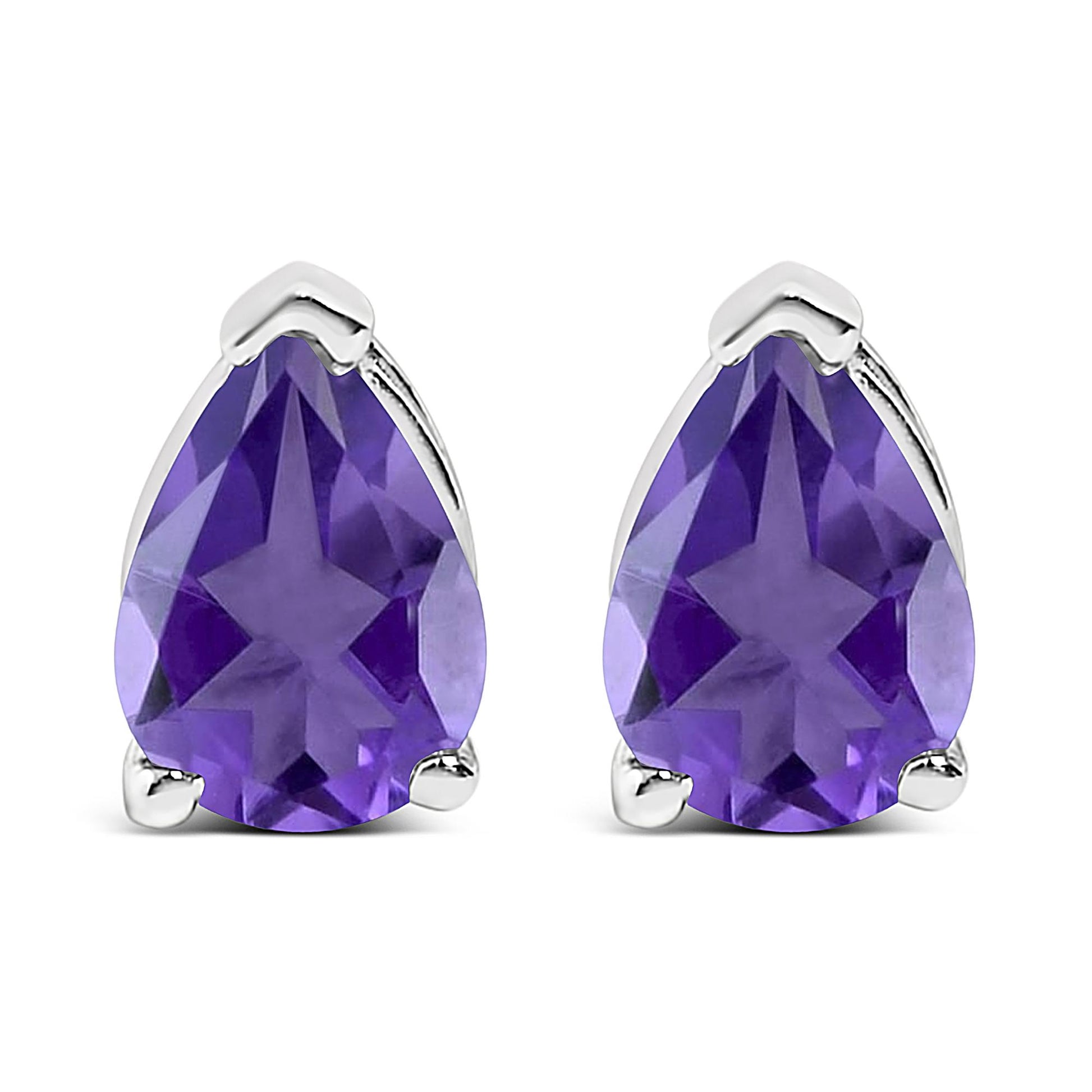 Pair of white metal earrings with pear-shaped purple gemstones set in three prongs, shown in a front-facing close-up shot.