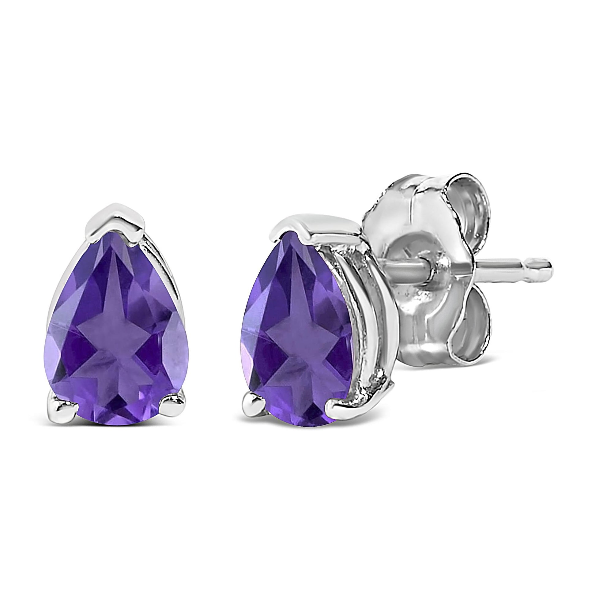 Close-up front and side angle of a pair of white metal stud earrings with pear-shaped purple gemstones in a 3-prong setting.