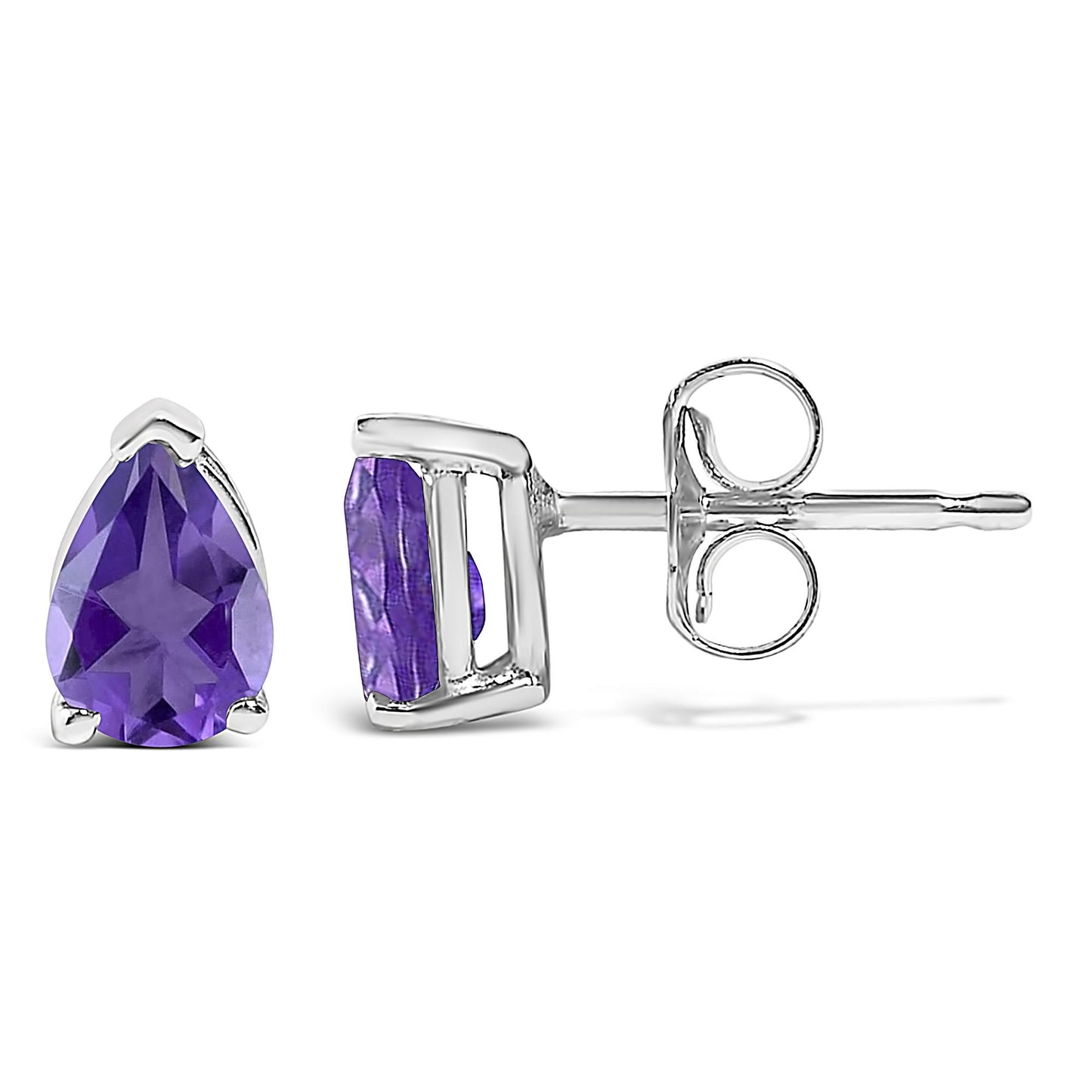 Pair of white metal stud earrings with pear-shaped purple gemstones in three-prong settings, shown from the front and side on a white background.