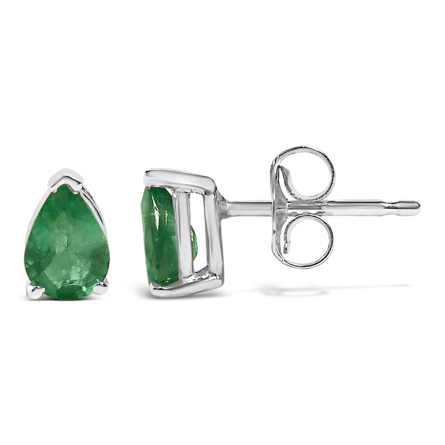 Pair of white metal earrings with pear-shaped green gemstones in 3-prong settings shown from front and side angles on a white background.