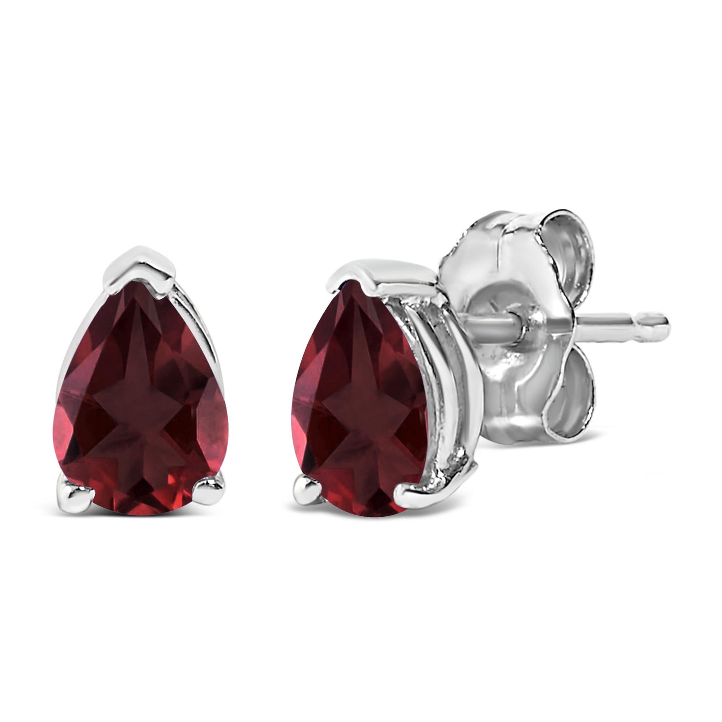 Close-up front and side angle of white metal stud earrings with pear-shaped red gemstones in a three-prong setting.
